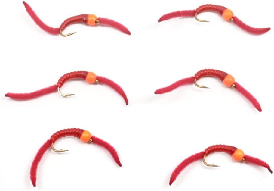 San Juan Worm Hot Orange Bead Power Worm Red V-Rib - Set of 6 Nymph Flies Hook Size 12