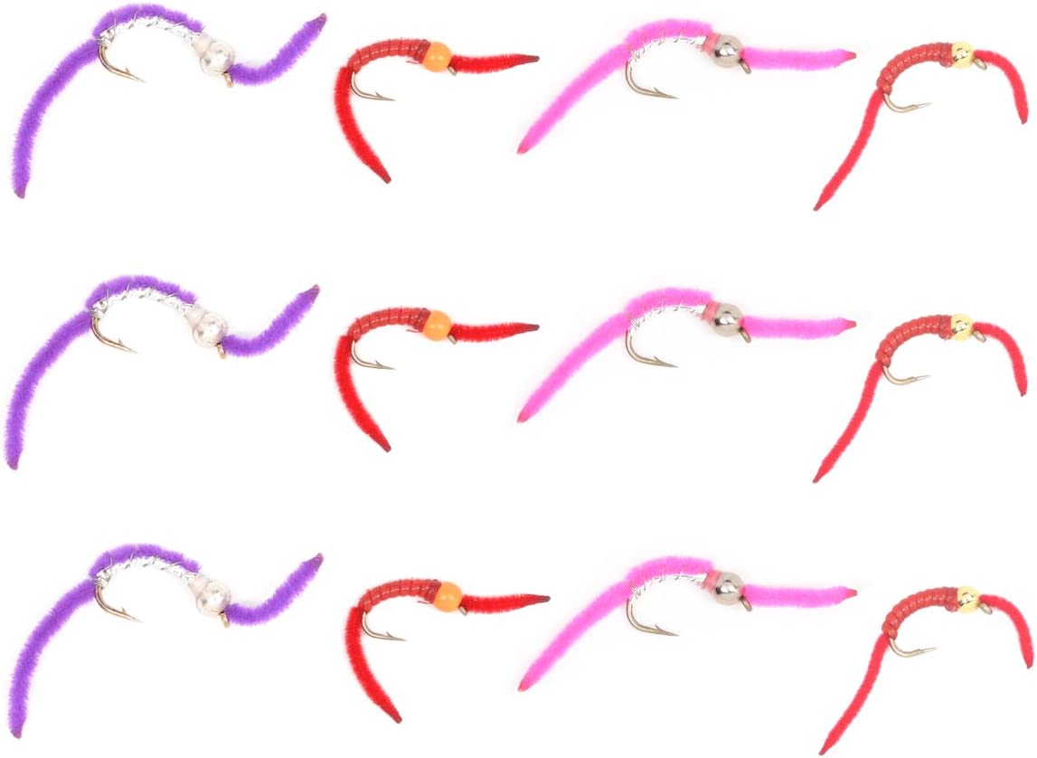Trout Fly Assortment - San Juan Worm Power Bead Wet Nymph Fly Fishing Flies - 1 Dozen Hook Size 10 - 3 Each of 4 Patterns