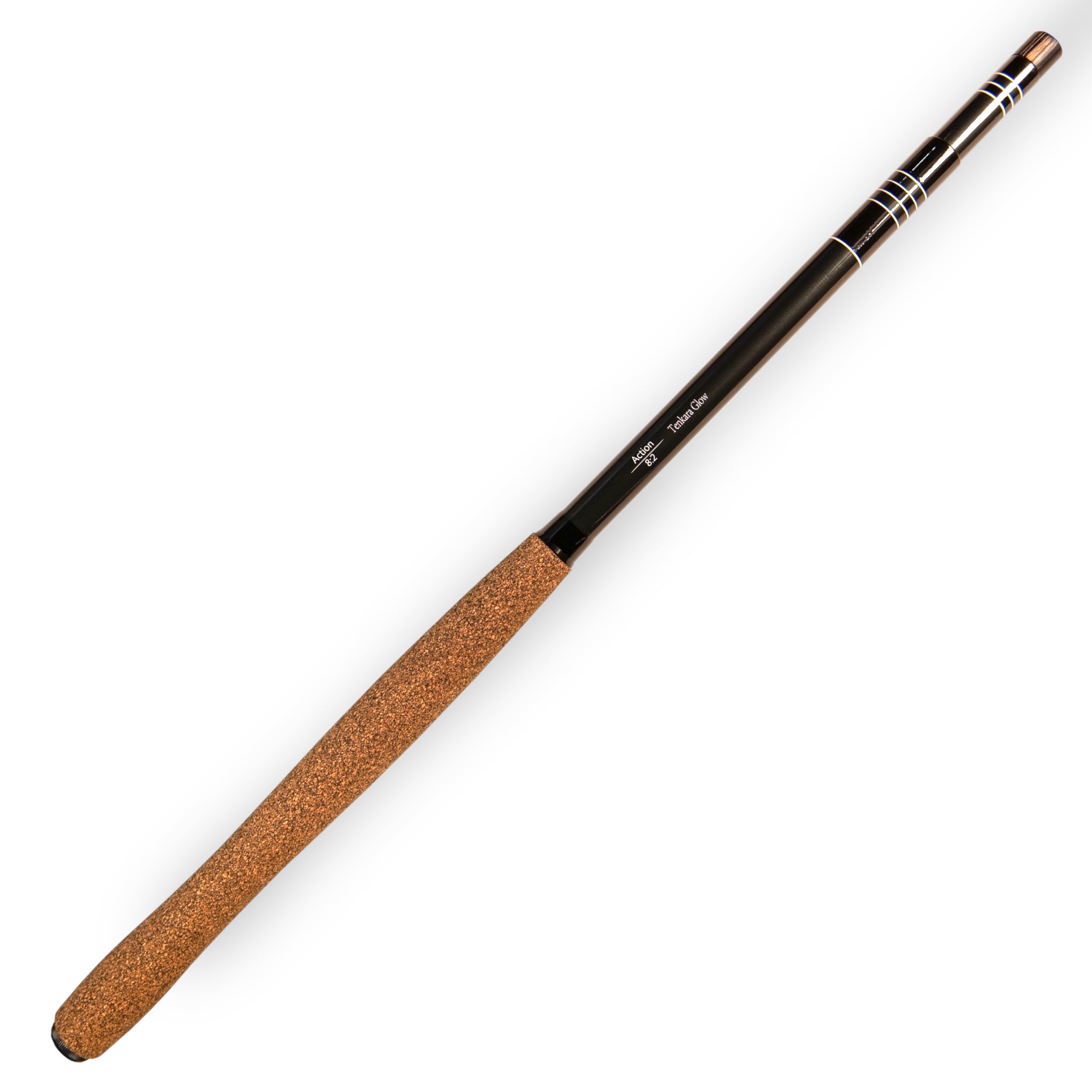 Close-up of Wasatch Tenkara Rods RodZilla featuring a cork handle and segmented carbon fiber design with black and white accent bands, ideal for large fish and extreme tenkara anglers.