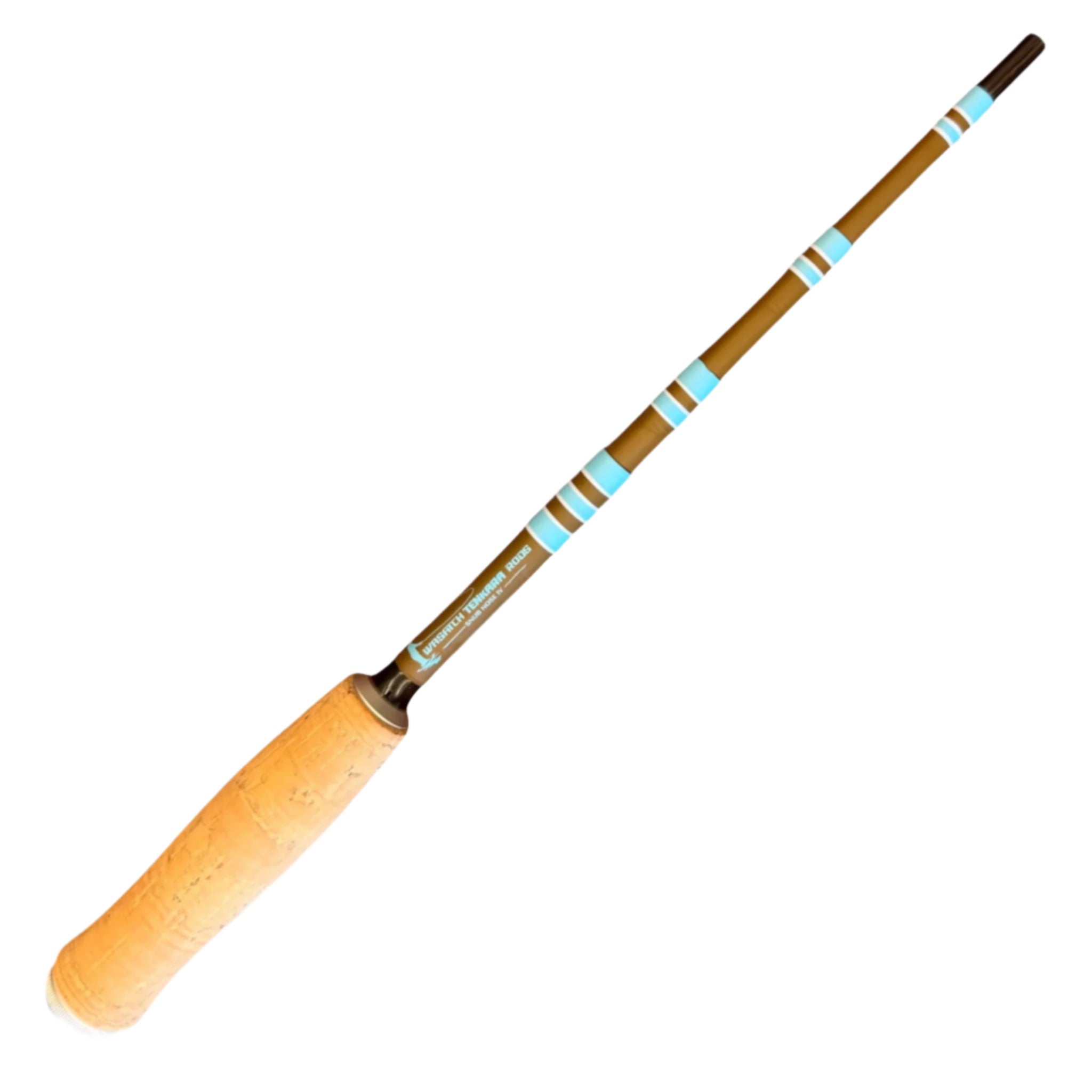 Close-up of Wasatch Tenkara Rods Snub Nose IV featuring cork handle and segmented carbon fiber design with turquoise and white accent bands, ideal for ultra-light fly fishing and backcountry anglers.