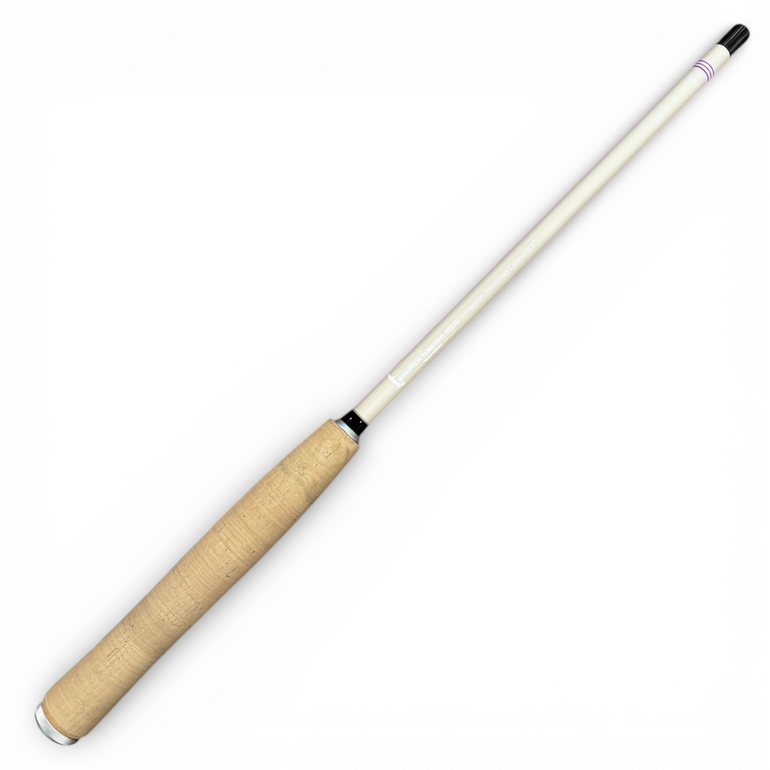 Fishing rod with beige handle and white shaft on a white background