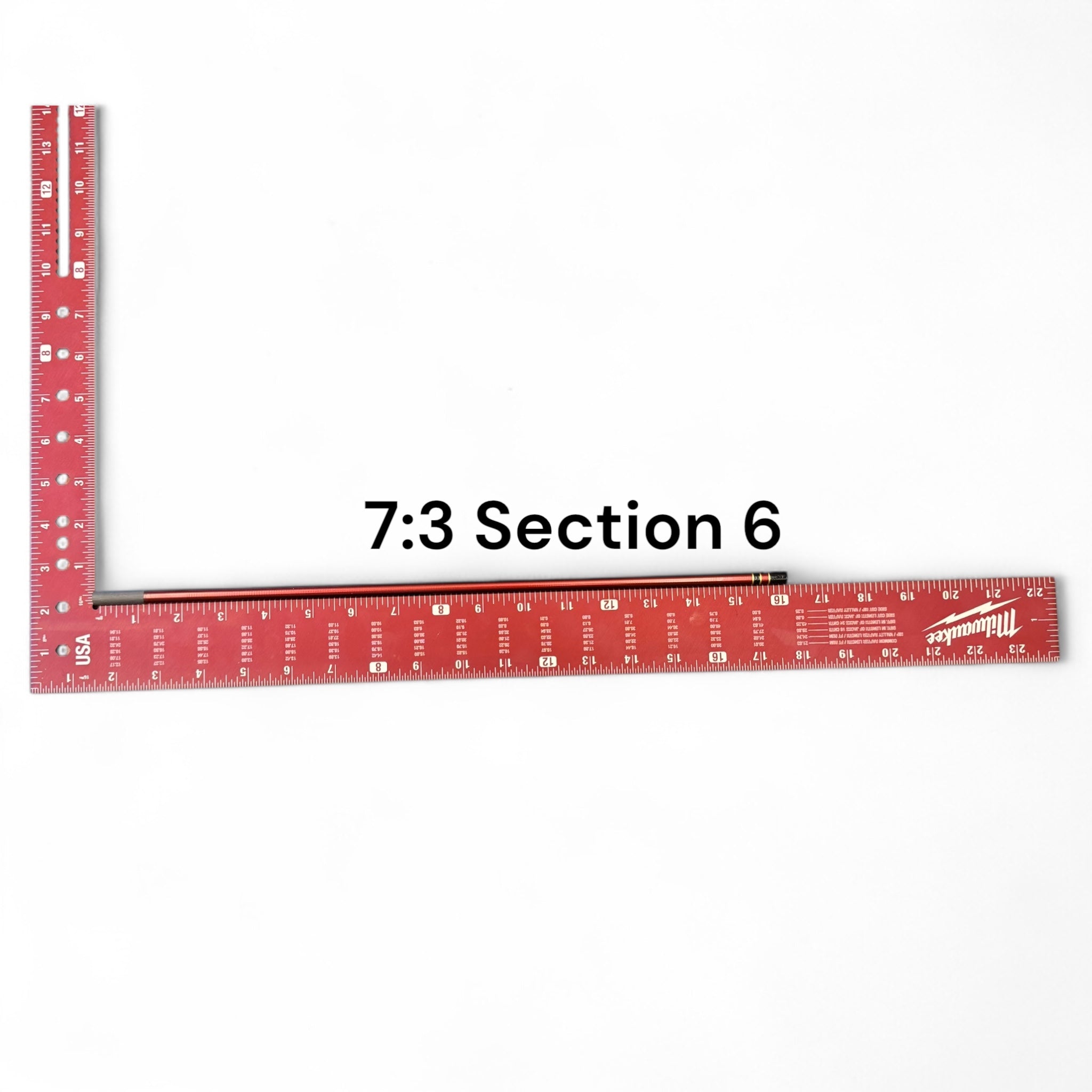 Image of the Akai Samurai Tenkara Rod’s Section 6 with 7:3 action, laid next to a red Milwaukee ruler for scale on a white background, labeled for identification.