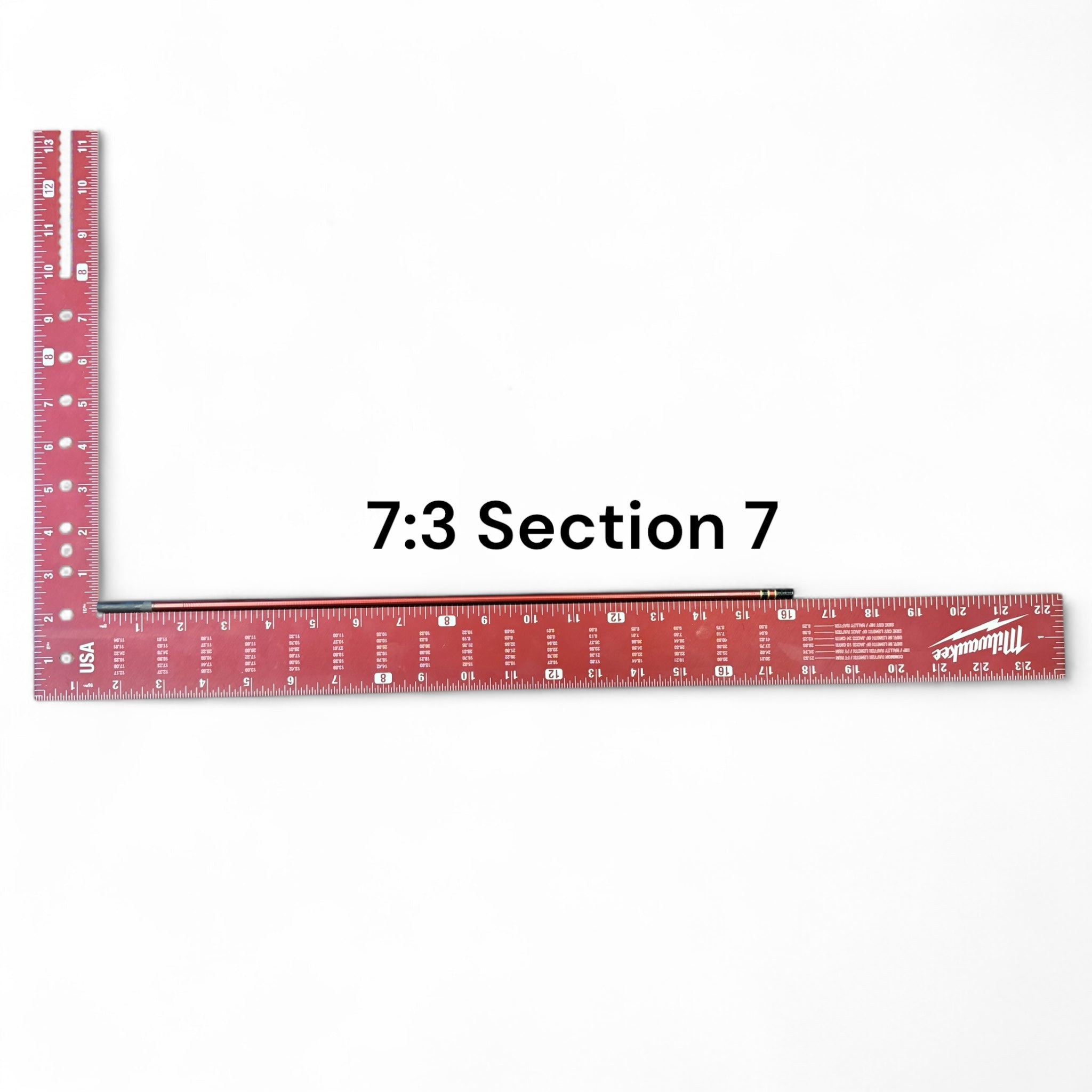 Image of the Akai Samurai Tenkara Rod’s Section 7 with 7:3 action, laid next to a red Milwaukee ruler for scale on a white background, labeled for identification.