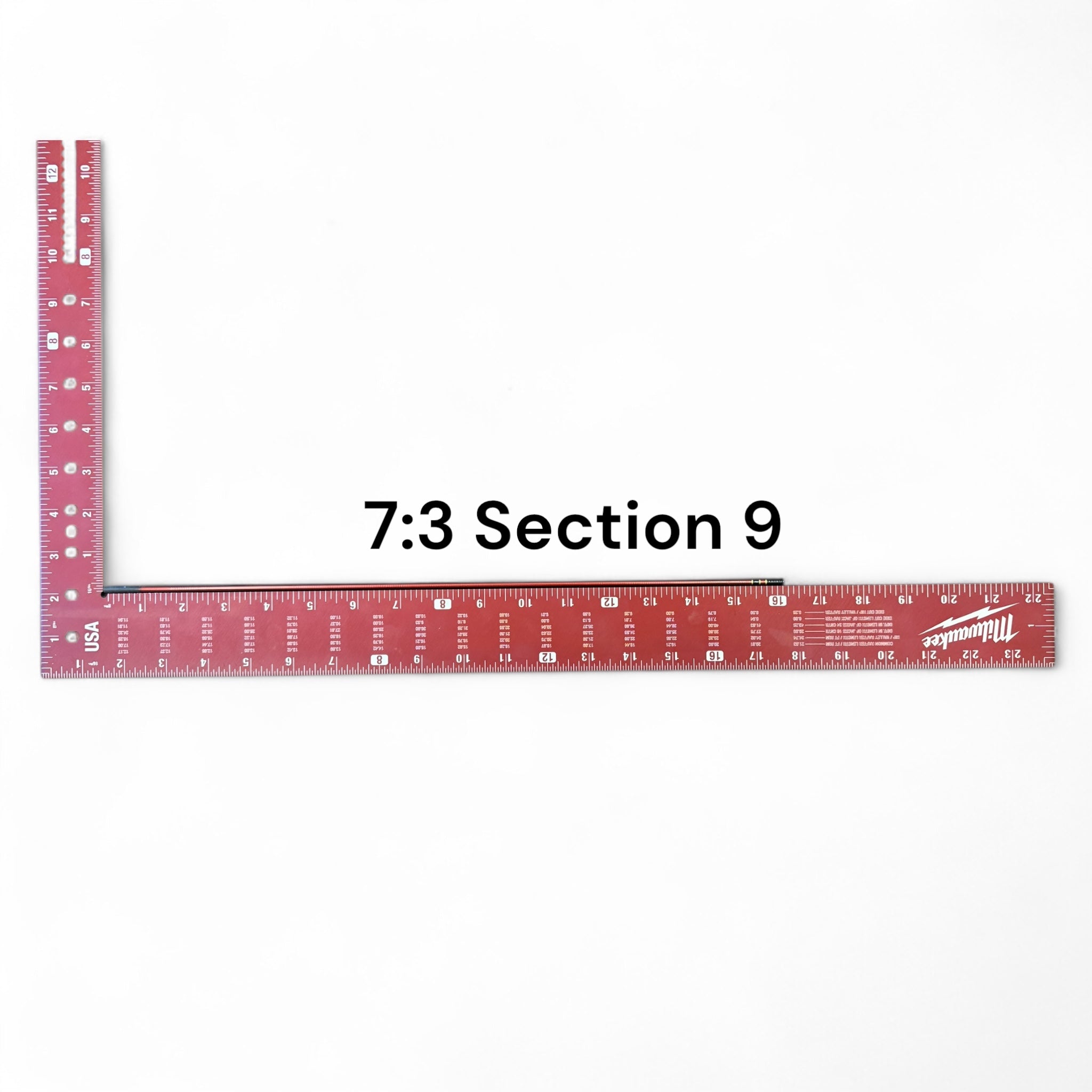 Image of the Akai Samurai Tenkara Rod’s Section 9 with 7:3 action, laid next to a red Milwaukee ruler for scale on a white background, labeled for identification.