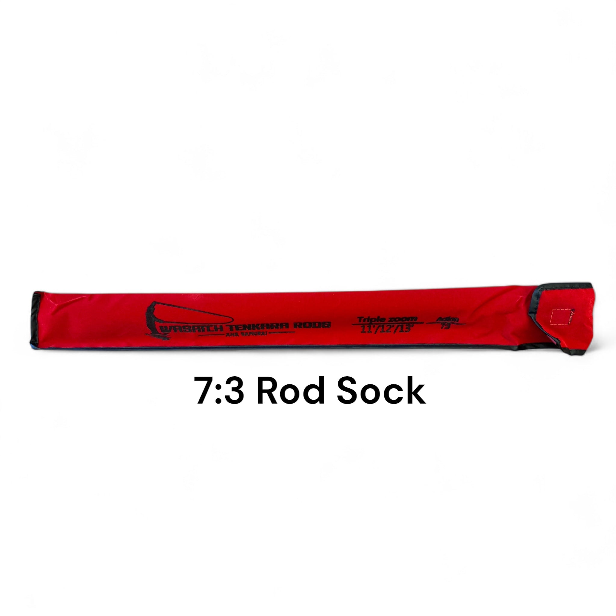 Red protective rod sock for the Akai Samurai 7:3 Tenkara Rod, featuring black branding and size markings for triple zoom configuration (11'/12'/13'), displayed against a white background.