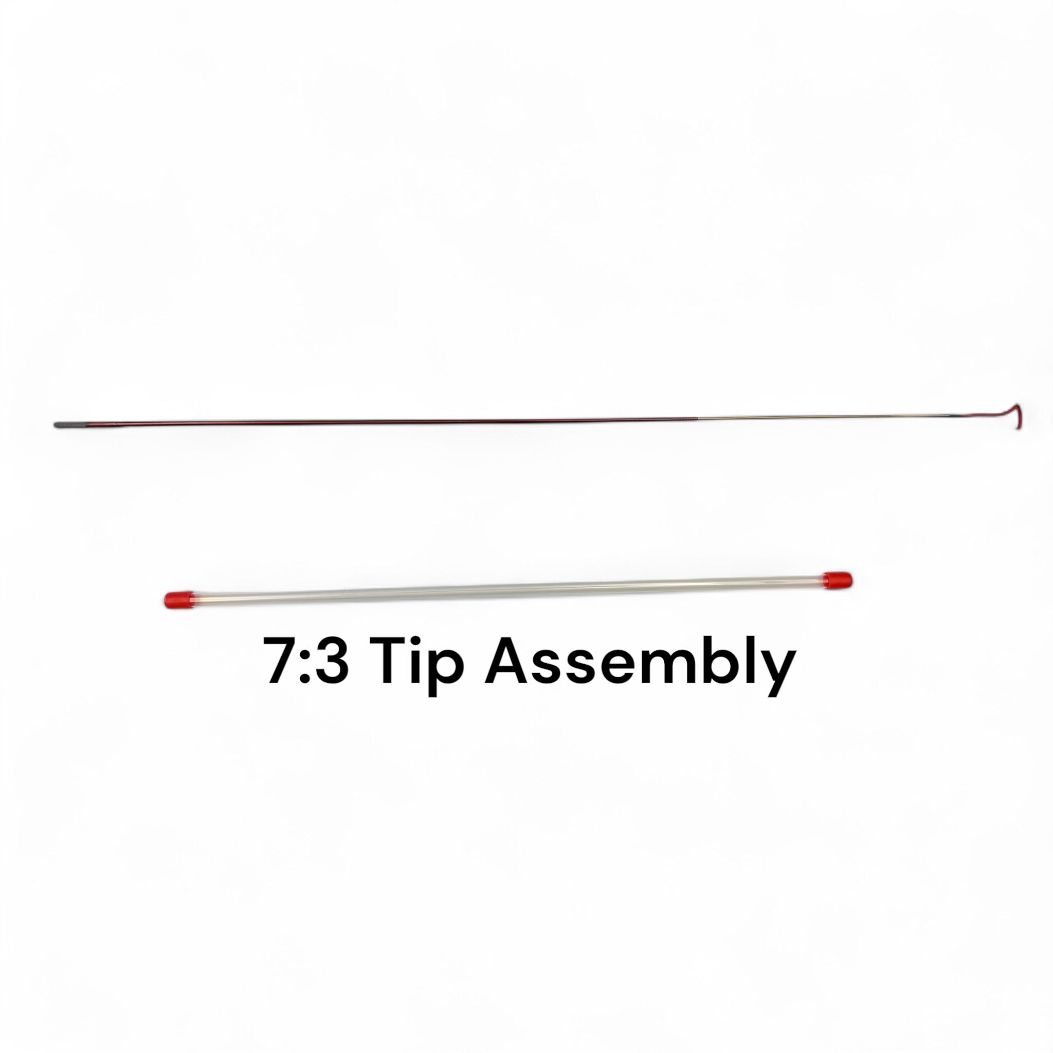 Top-down image of the Akai Samurai 7:3 tip assembly, showing the ultralight rod tip with attached red lilian and included protective tube with red end caps, displayed on a white background.