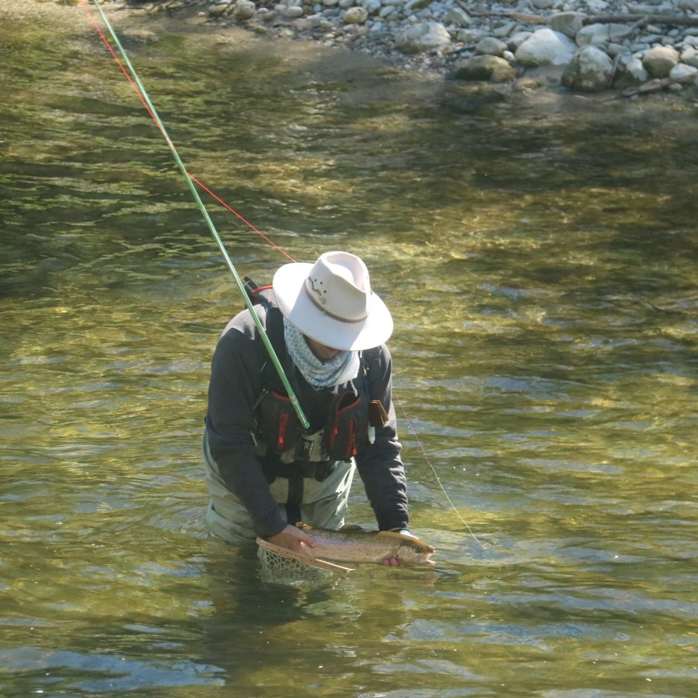 Fly fisherman standing knee-deep in a clear mountain stream while gently releasing a trout, with a green Wasatch Tenkara Rods SIYCO rod extended over the water—highlighting precision, control, and connection to the catch.