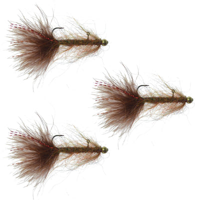 3 Pack Balanced Leech Size 8 - Brown Tungsten Bead Head Jig Lake Streamer Wet Fly
