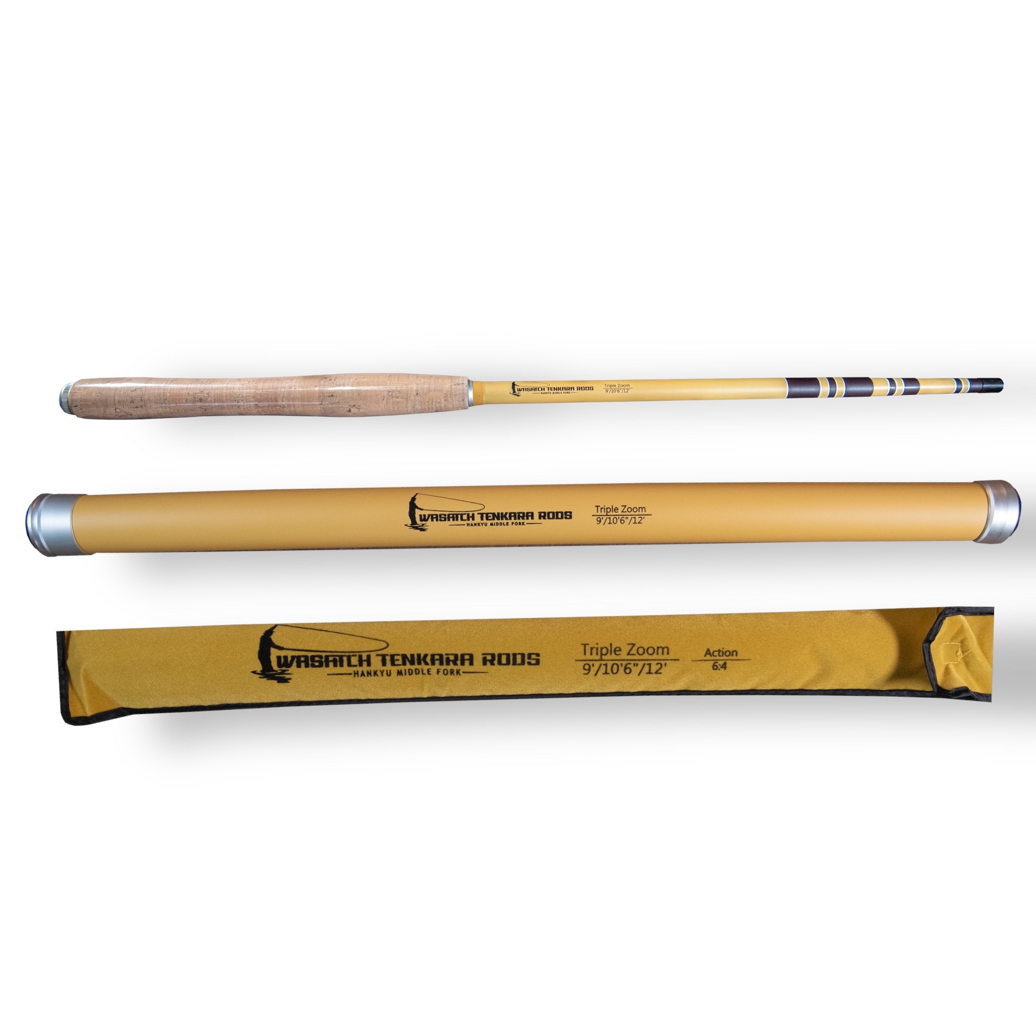 Complete Hankyu Middle Fork 6:4 Tenkara Rod setup from Wasatch Tenkara Rods, featuring the triple zoom rod (9'/10'6"/12'), yellow protective rod tube, and matching rod sock for safe transport and storage.