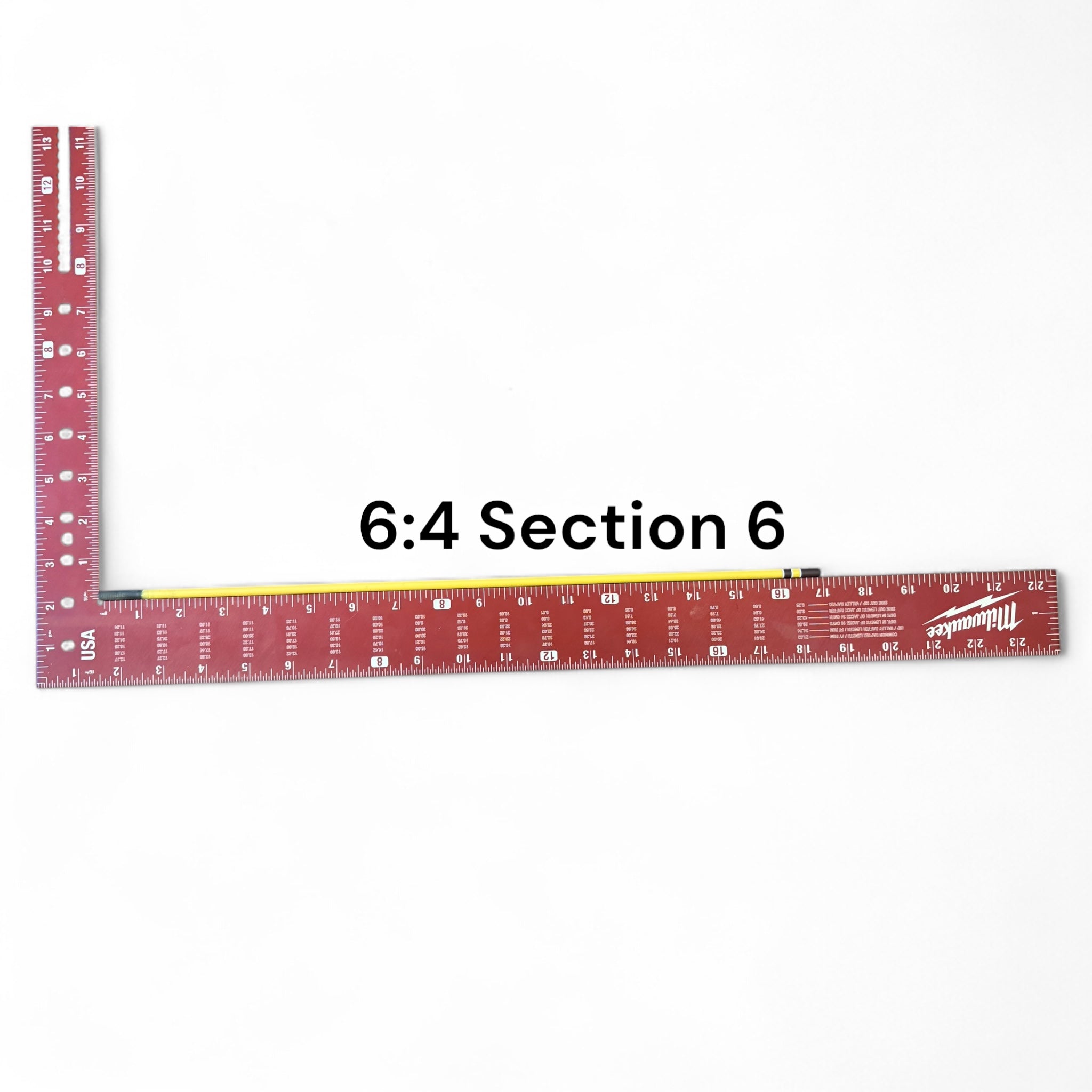 Section 6 of the Middle Fork 6:4 Tenkara Rod by Wasatch Tenkara Rods, displayed alongside a red measuring square for scale. The section features the rod’s yellow carbon fiber finish with brown accent bands.