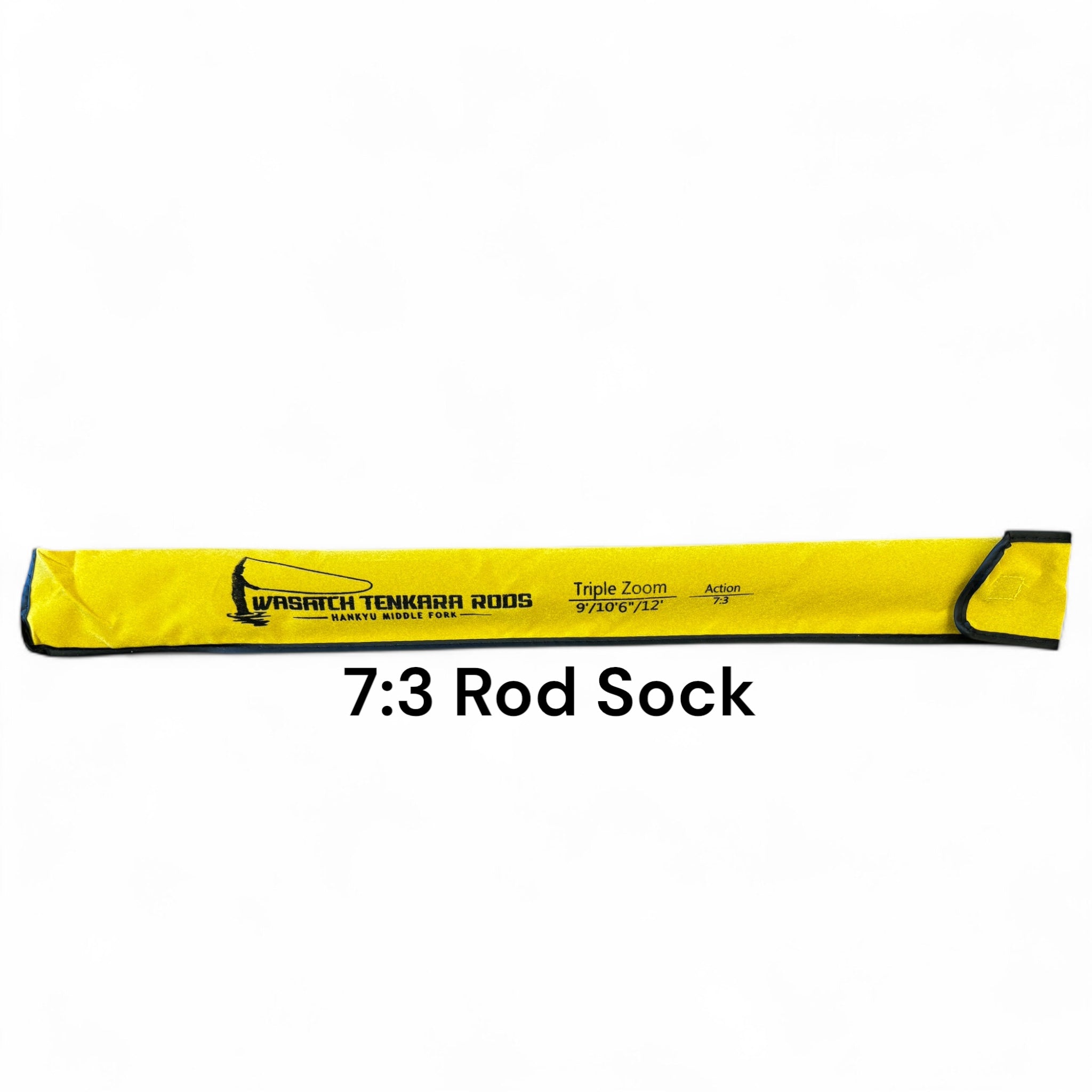 Yellow replacement rod sock for the Middle Fork 7:3 Tenkara Rod by Wasatch Tenkara Rods, labeled with “Triple Zoom 9'/10'6"/12'” and designed to protect your rod sections during travel and storage.