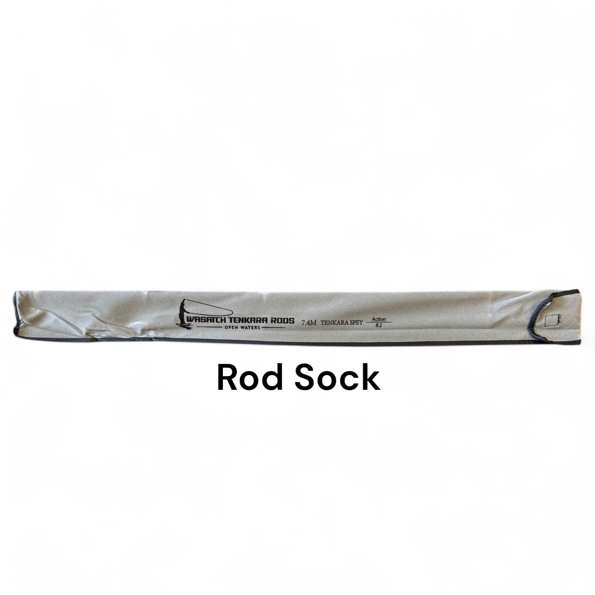 Wasatch Tenkara Rods Open Waters rod sock for 7.4M tenkara spey rod, labeled for secure and protective rod storage.