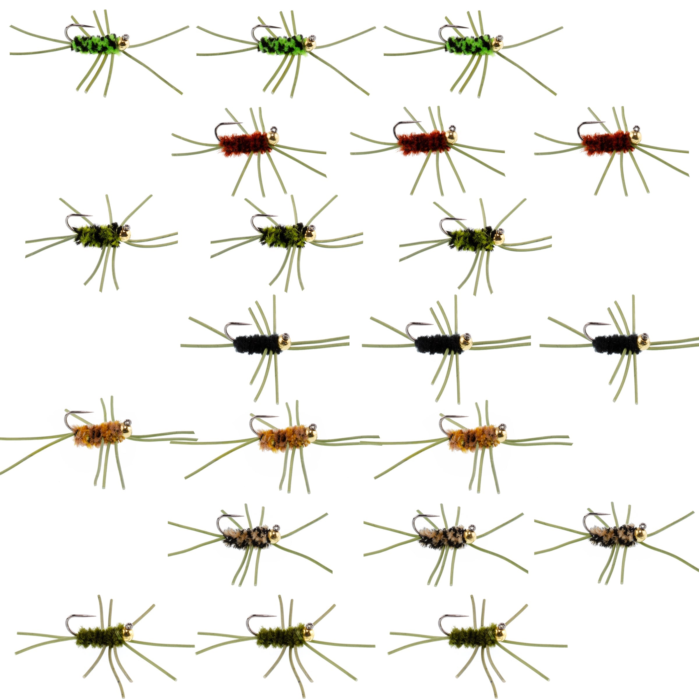 Tungsten Bead Jigged Pat's Rubber Legs Nymph Assortment Fly Fishing Flies - Trout and Bass Wet Fly Pattern - 21 Flies 7 Colors Hook Size 10