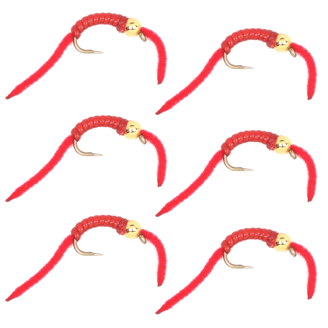 Red Worm Magic Thread San Juan Worm Bead Head Power Worm Red V-Rib - Set of 6 Nymph Flies Ho ...