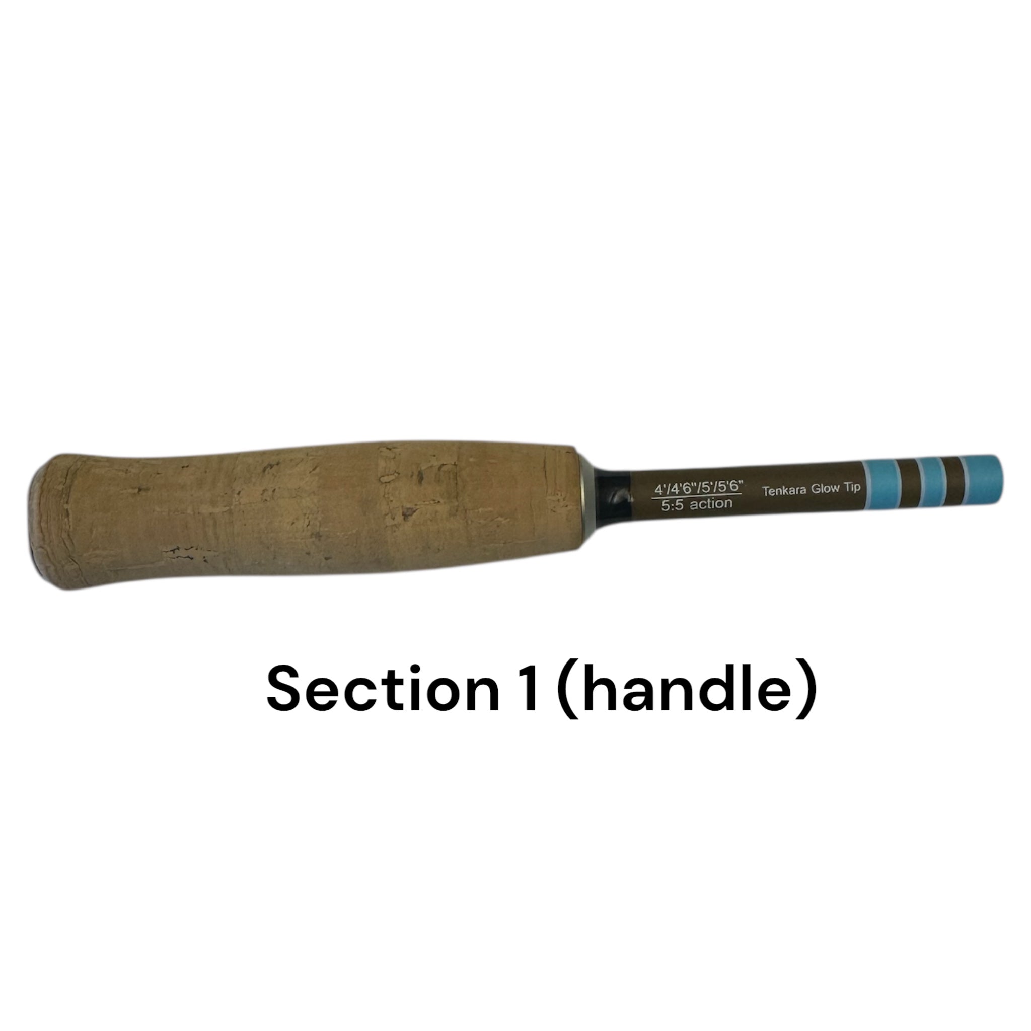 Close-up of Section 1 (handle) of the Wasatch Tenkara Rods Snub Nose IV, featuring a natural cork grip and labeled specifications for adjustable lengths and 5:5 action with Tenkara Glow Tip.
