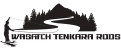 Wasatch Tenkara Rods Logo with Man Slingshot shooting a Tenkara rod.