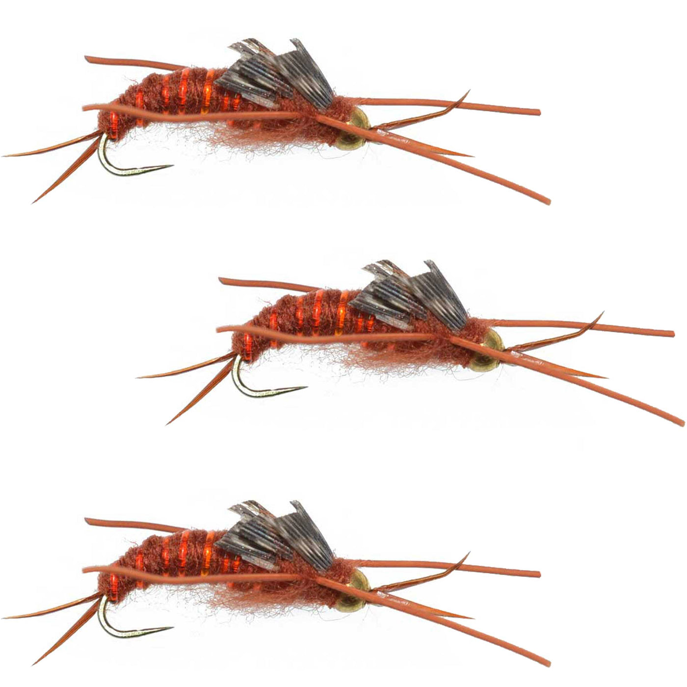 3 Pack Barbless Gold Bead Kaufmann's Brown Stone Fly with Rubber Legs - Stonefly Wet Fly - Hook Size 8