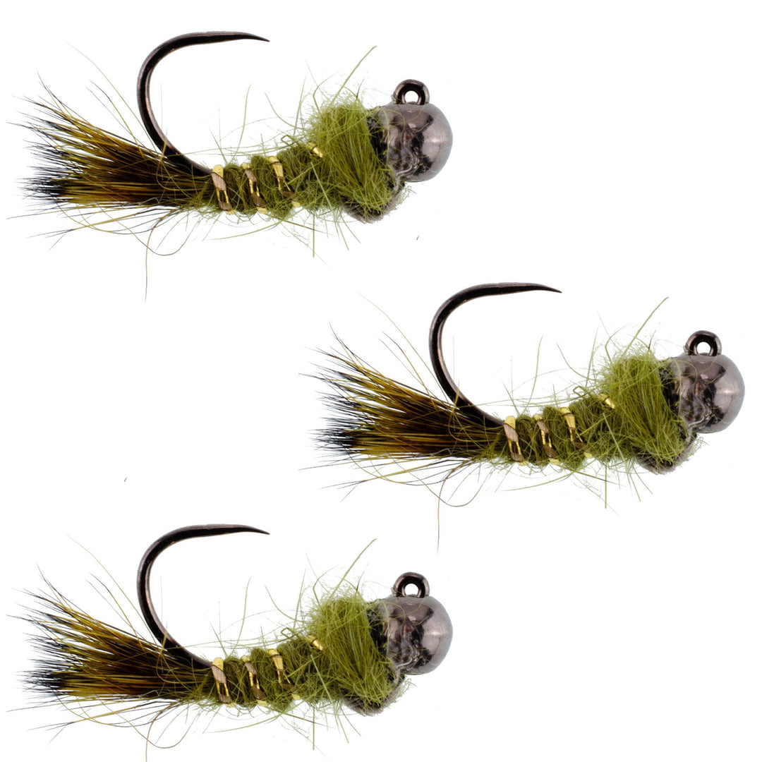 czech fly fishing hooks 3 Pack Black Tungsten Bead Tactical Olive Hares Ear Czech Nymph Euro Nymphing Fly