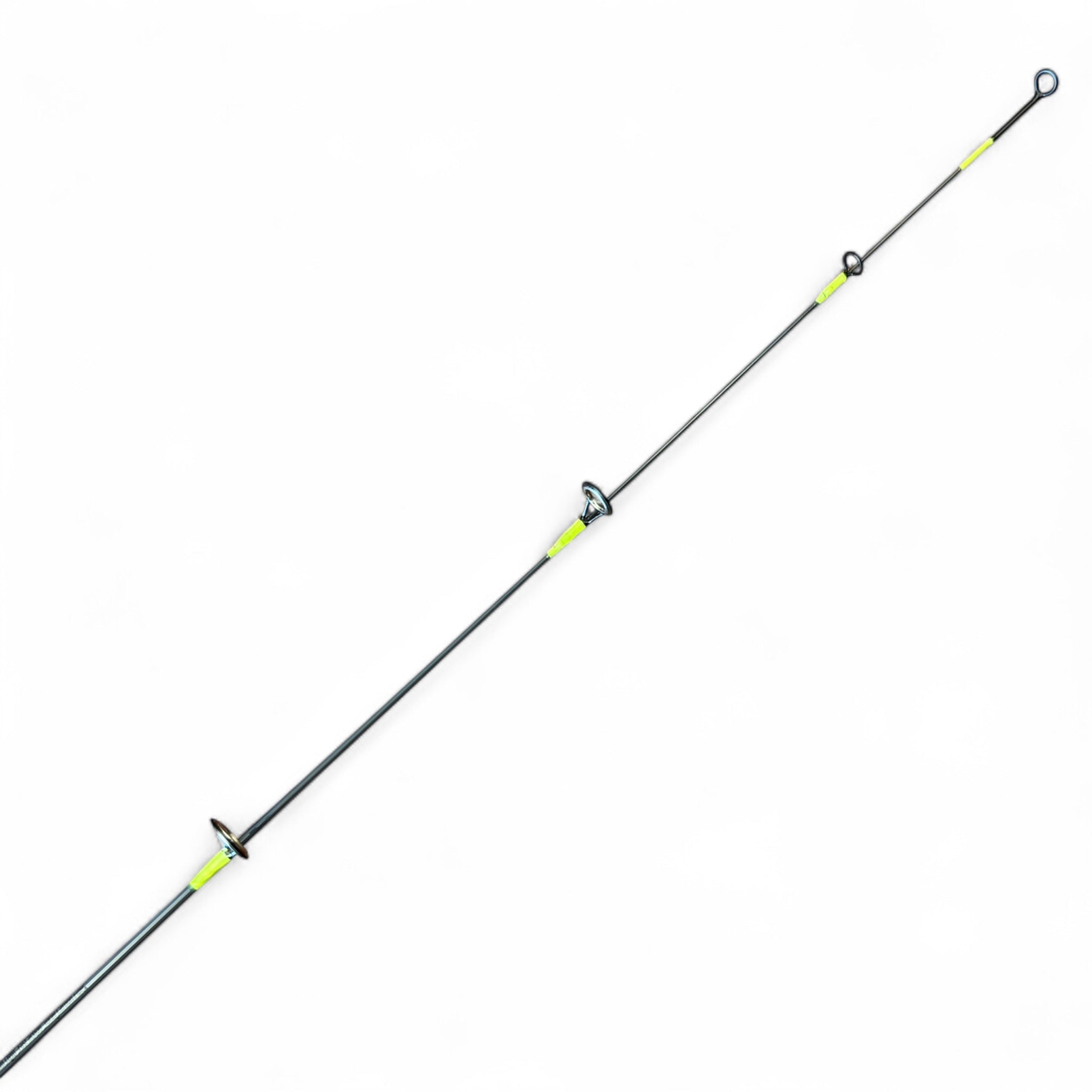 Close-up view of the tip section of a Wasatch Tenkara ice fishing rod, showcasing three line guides with bright neon green thread wraps on a graphite blank against a white background.