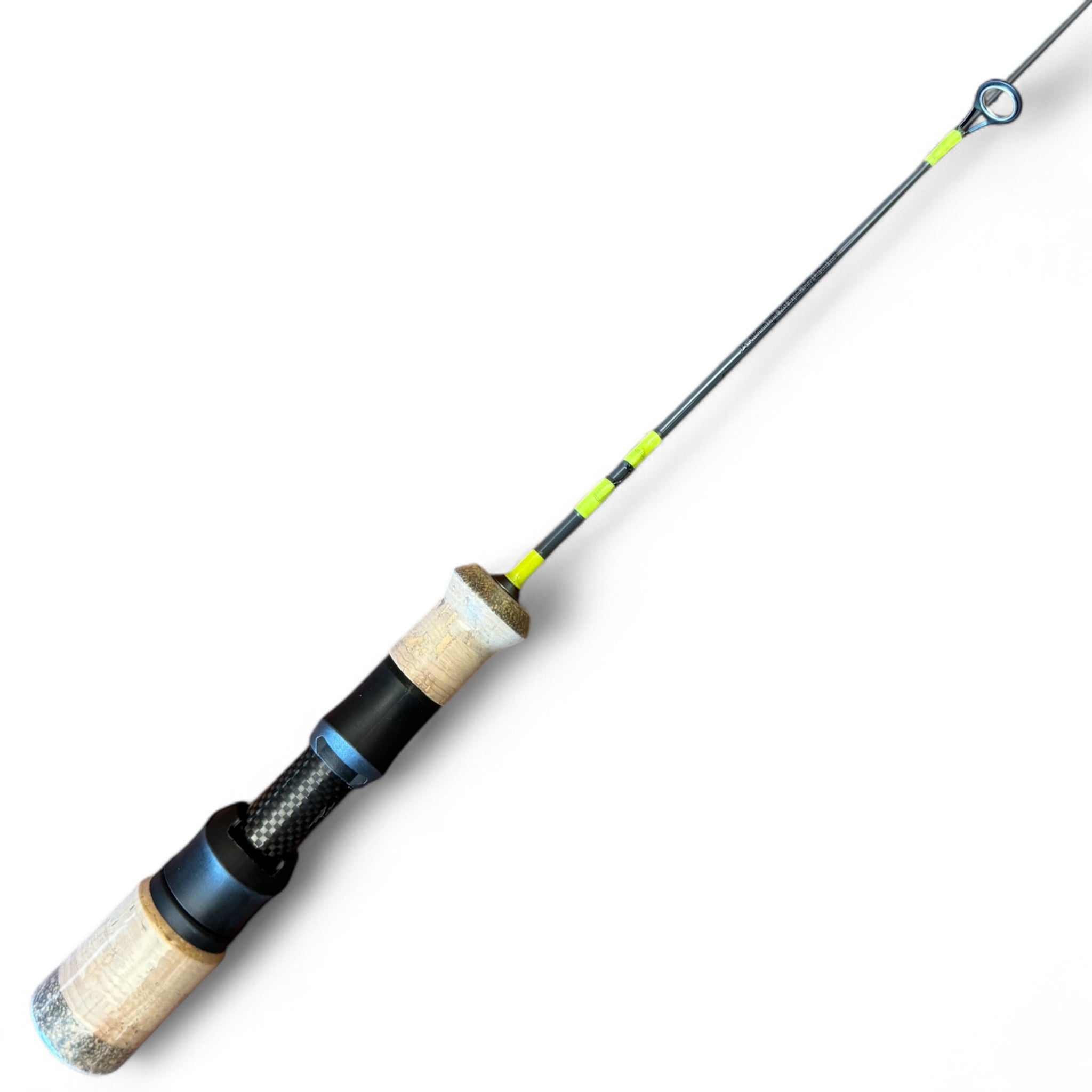 Ice fishing rod from Wasatch Tenkara Rods featuring a cork and carbon fiber handle, bright neon green thread wraps, and a single ceramic guide visible against a white background.