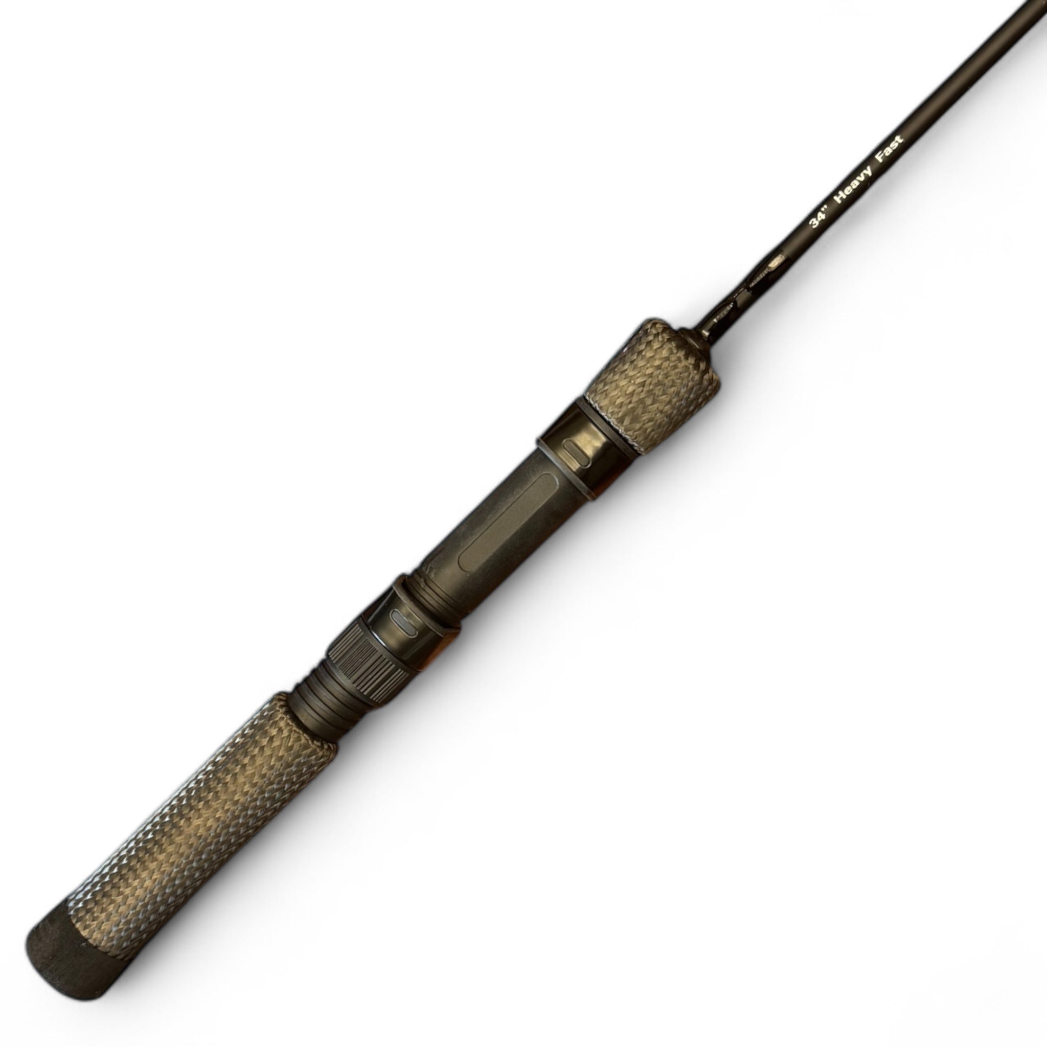 Close-up of Wasatch Tenkara Rods 34-inch heavy fast ice fishing rod handle, featuring a textured carbon fiber and raw carbon fiber grip with a secure reel seat, engineered for targeting large fish through the ice.