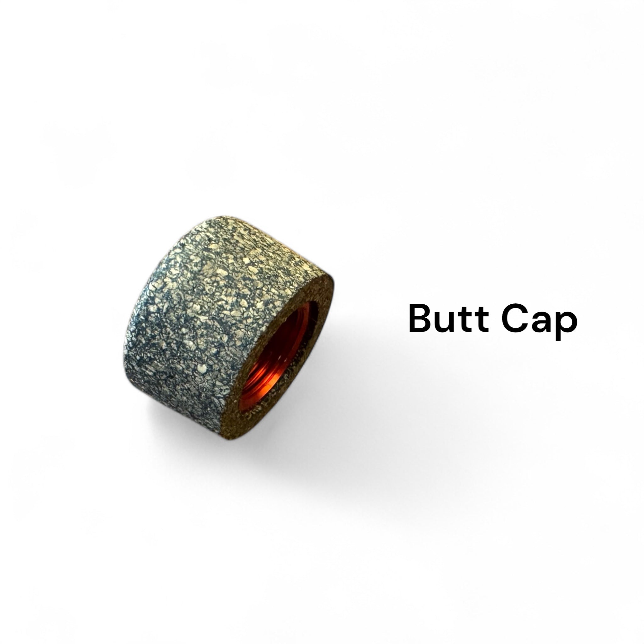 Close-up of the Wasatch Tenkara Rods Command Force replacement butt cap, featuring a rugged, speckled grip and red anodized internal threading for secure fit and enhanced durability.