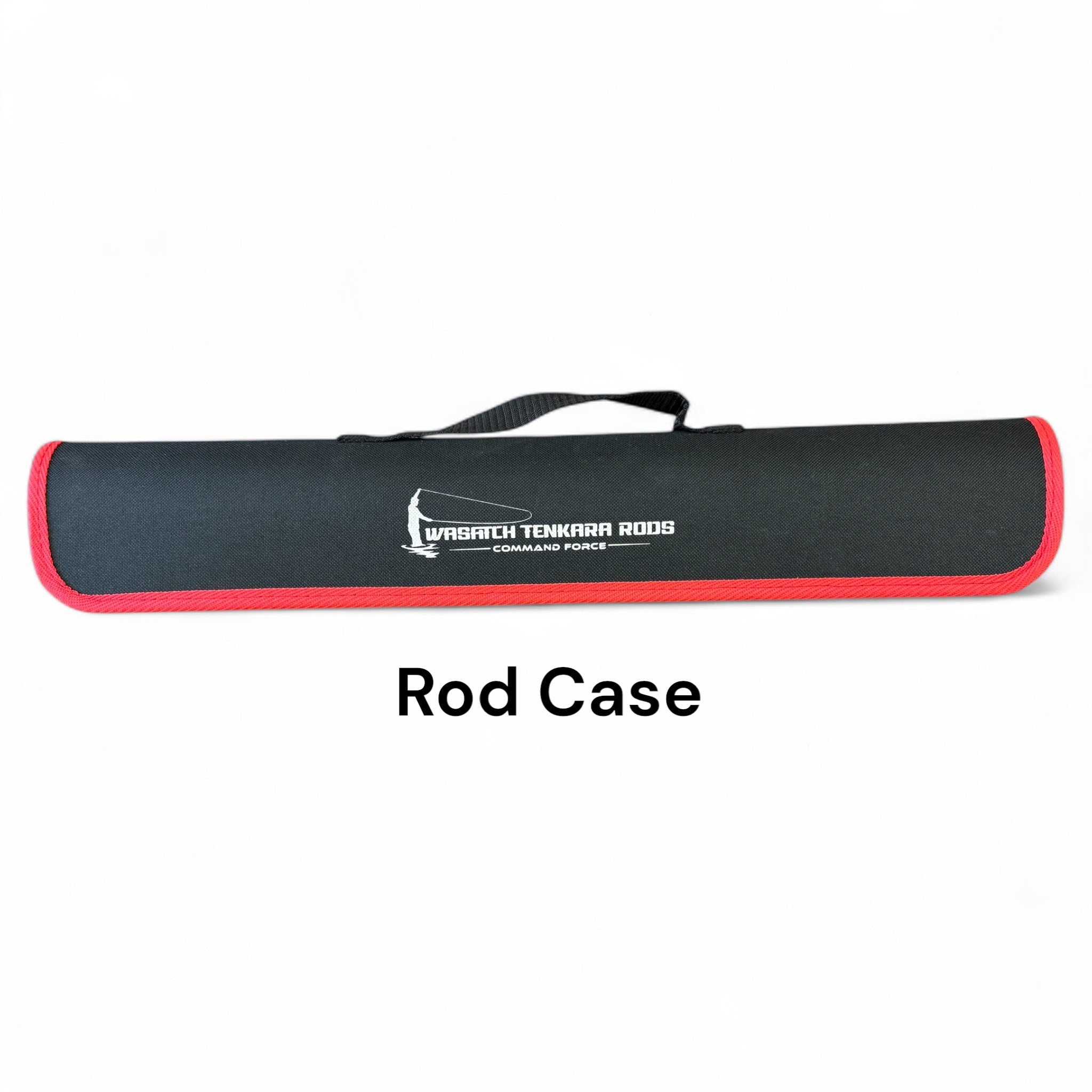 Close-up image of the Wasatch Tenkara Rods Command Force rod case, featuring a durable black body with red trim and logo branding, designed to protect and transport spin rods safely and securely.