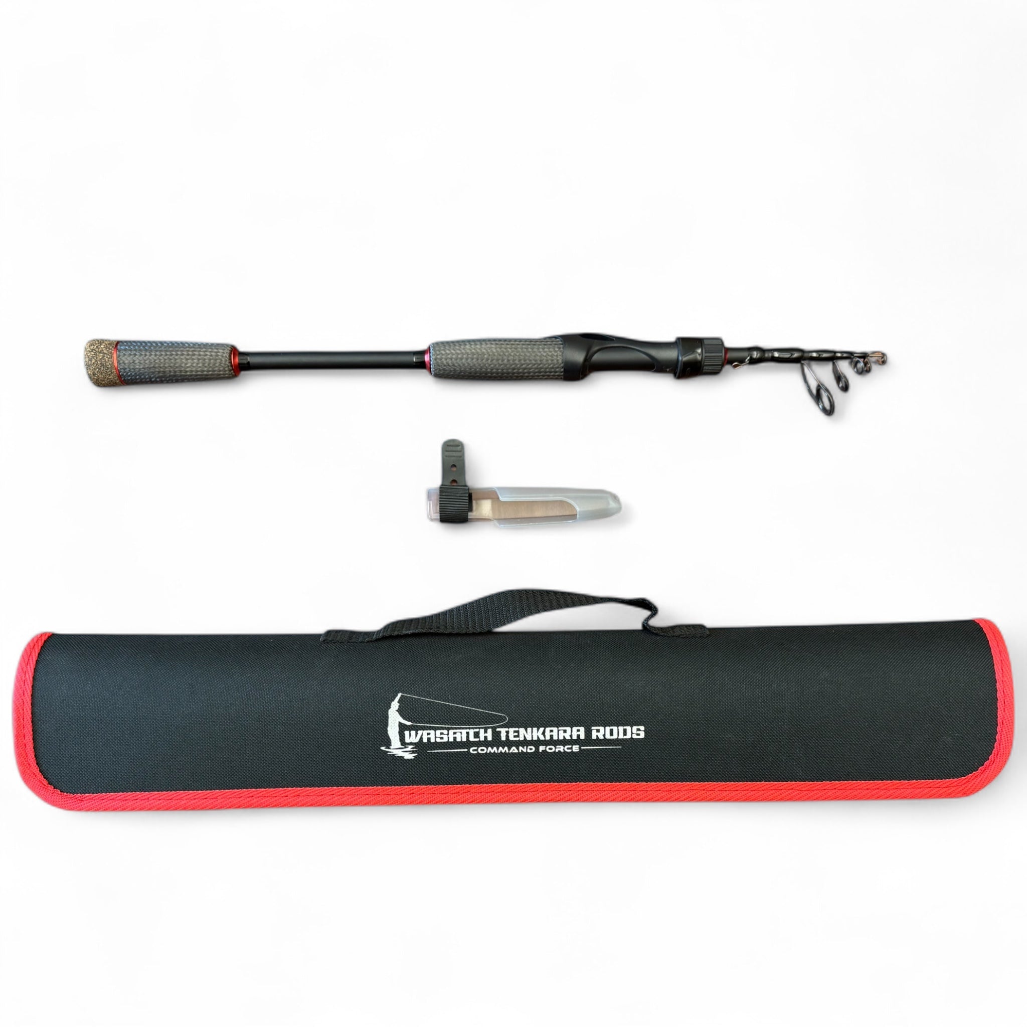 Top-down view of the Wasatch Tenkara Rods Command Force spin rod kit, featuring a compact telescopic rod, durable tip protector, and padded rod case for secure transport and protection, perfect for mobile anglers.