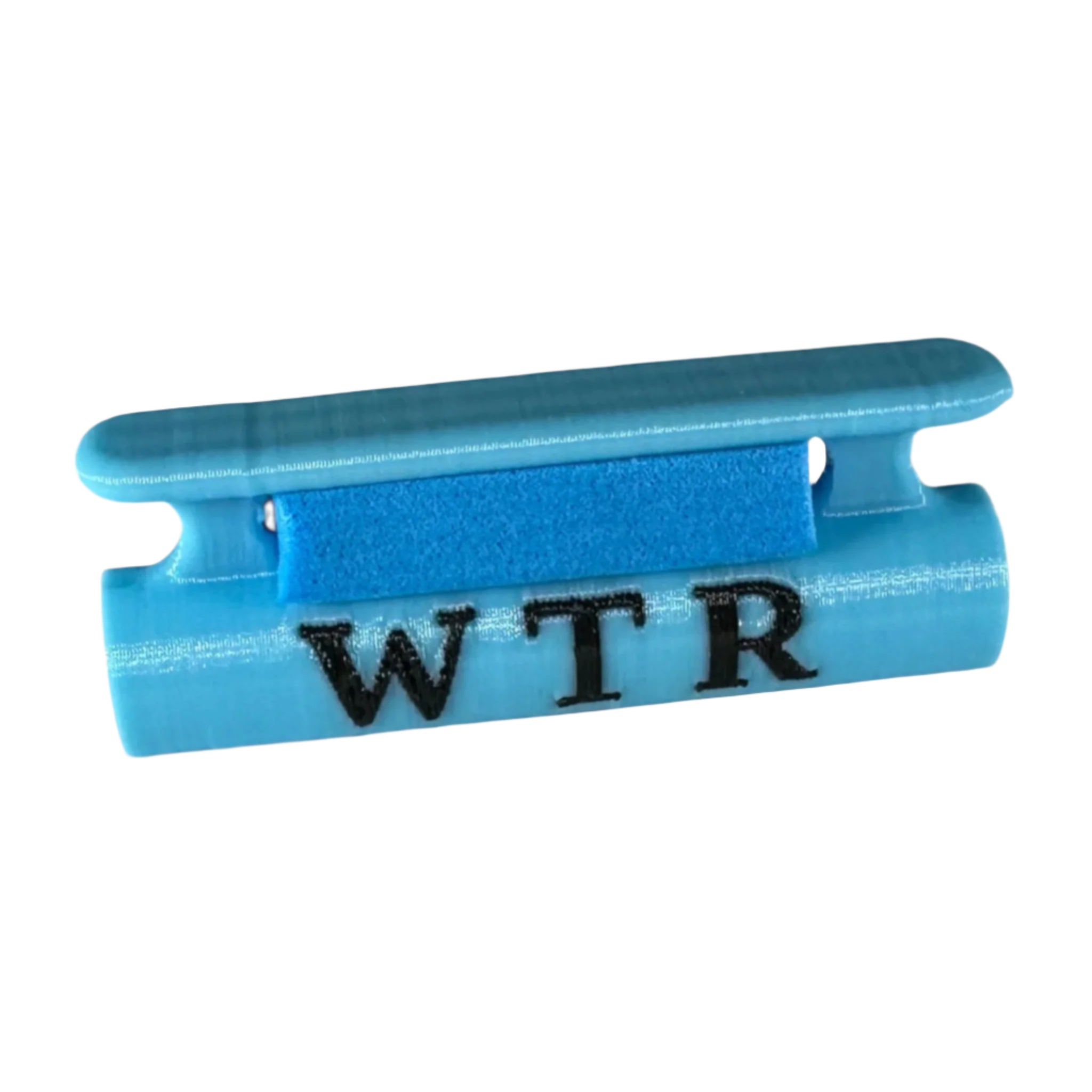 Close-up of a blue 3D-printed Wasatch Tenkara Rods (WTR) custom line holder made from durable PETG, featuring secure snap-on design and foam insert for tangle-free line storage, color-matched to rod accents.