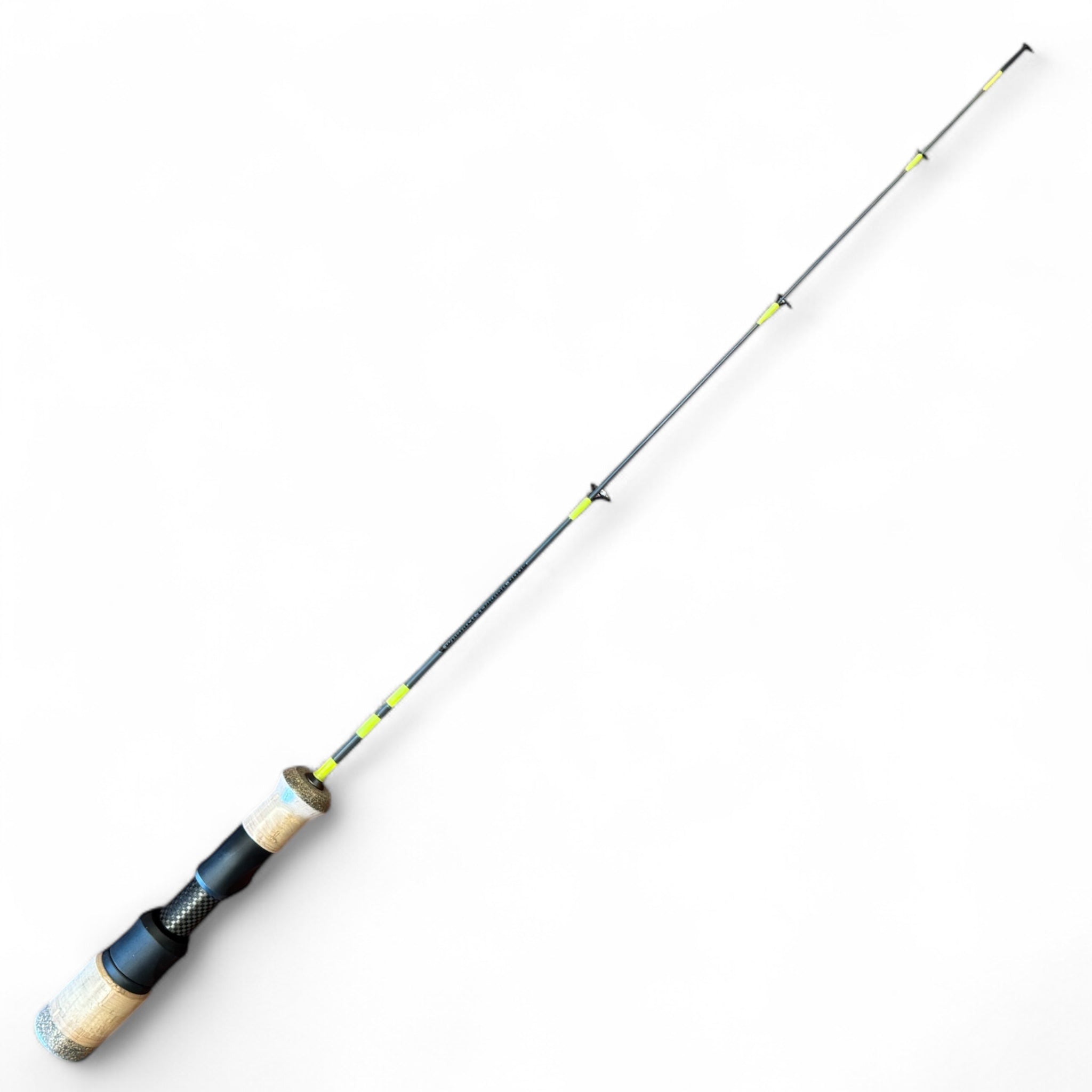 High-performance Wasatch Tenkara Rods ice fishing rod featuring bright green thread wraps, a compact graphite blank, and a dual-material cork and carbon fiber handle, displayed on a white background.