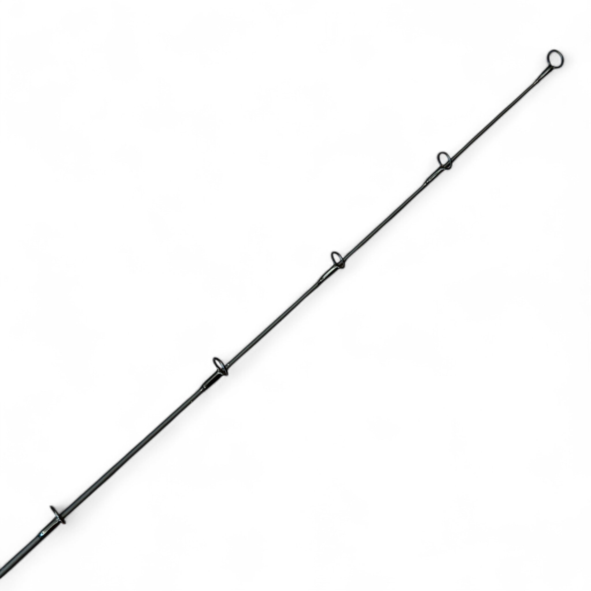 Close-up of Wasatch Tenkara Rods 34-inch heavy fast ice rod tip section, featuring durable line guides spaced for precision landing and sensitivity while ice fishing.