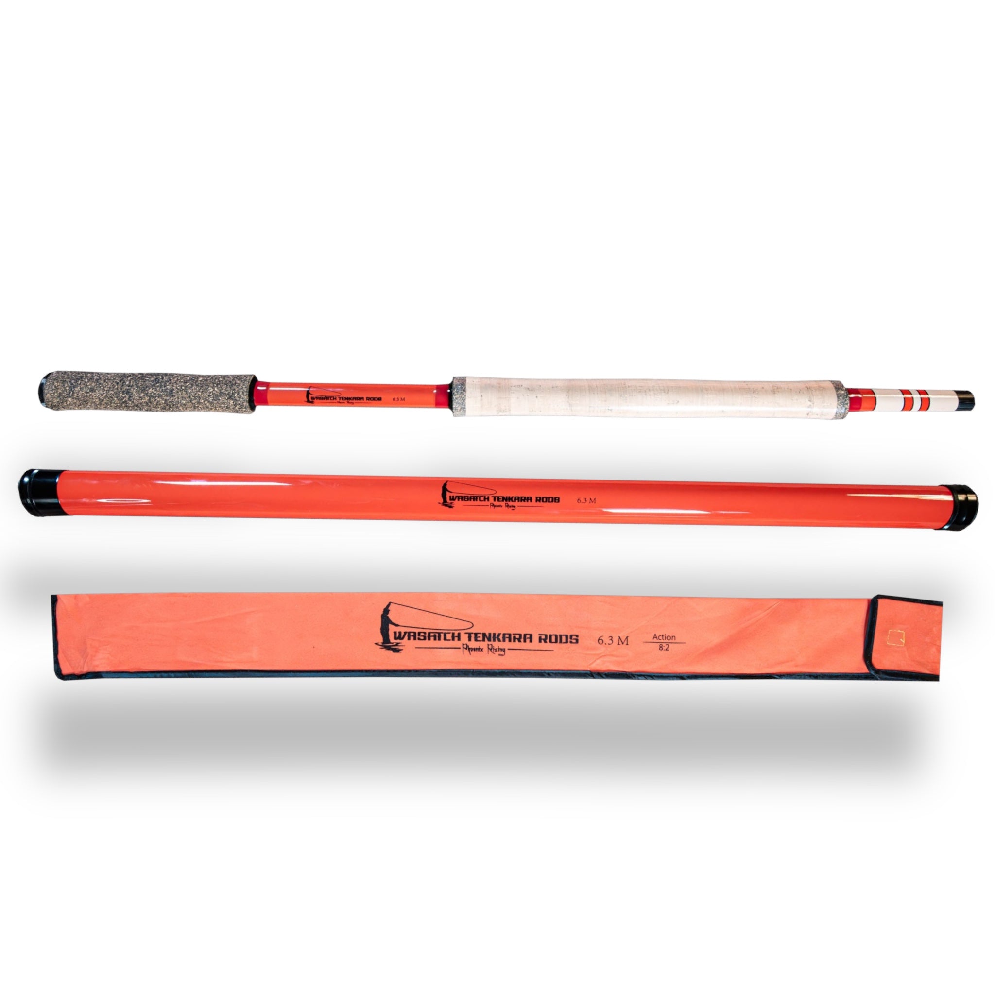 Full set of the Wasatch Tenkara Rods Phoenix Rising 6.3M including the tenkara rod, durable rod tube, and bright orange rod sock with logo and specs.