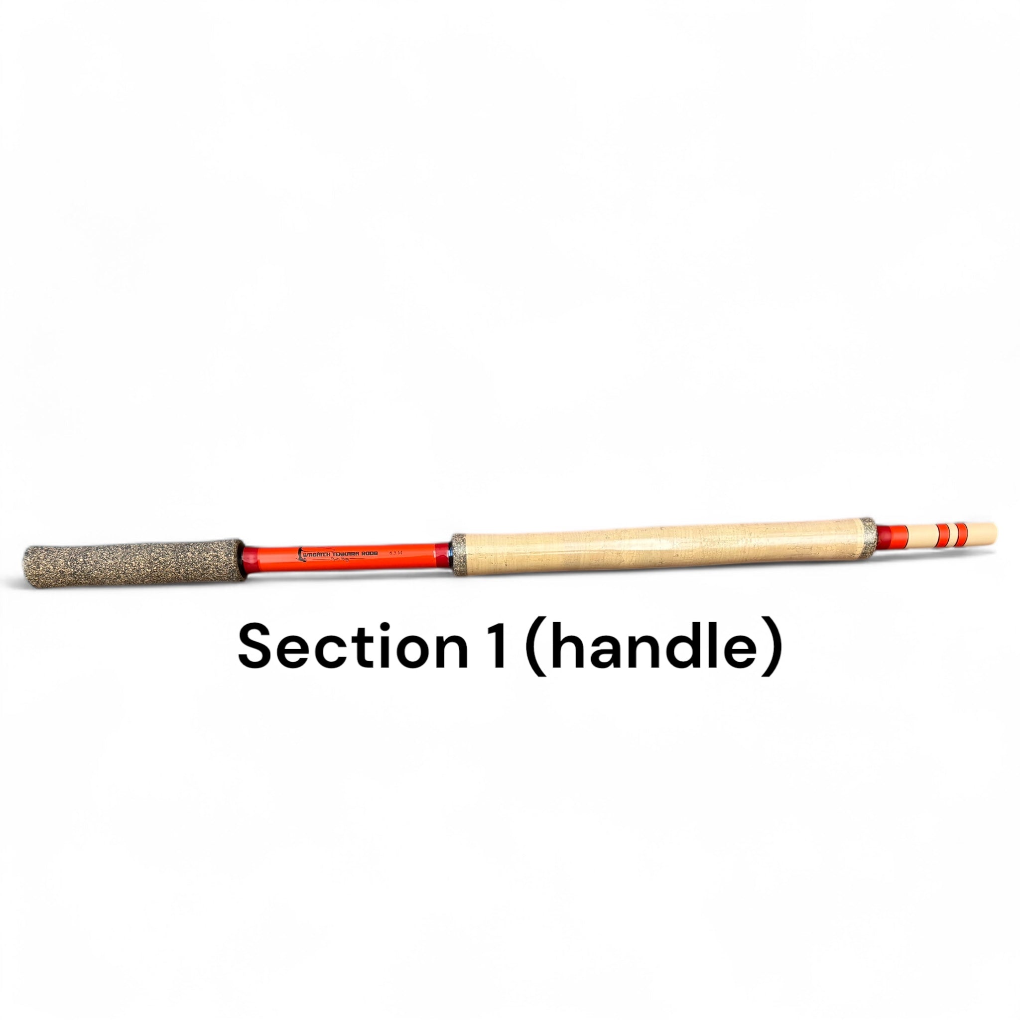 Phoenix Rising Section 1 handle from Wasatch Tenkara Rods, featuring cork and foam grip on a red carbon fiber rod base. Ideal replacement part for restoring grip and control.