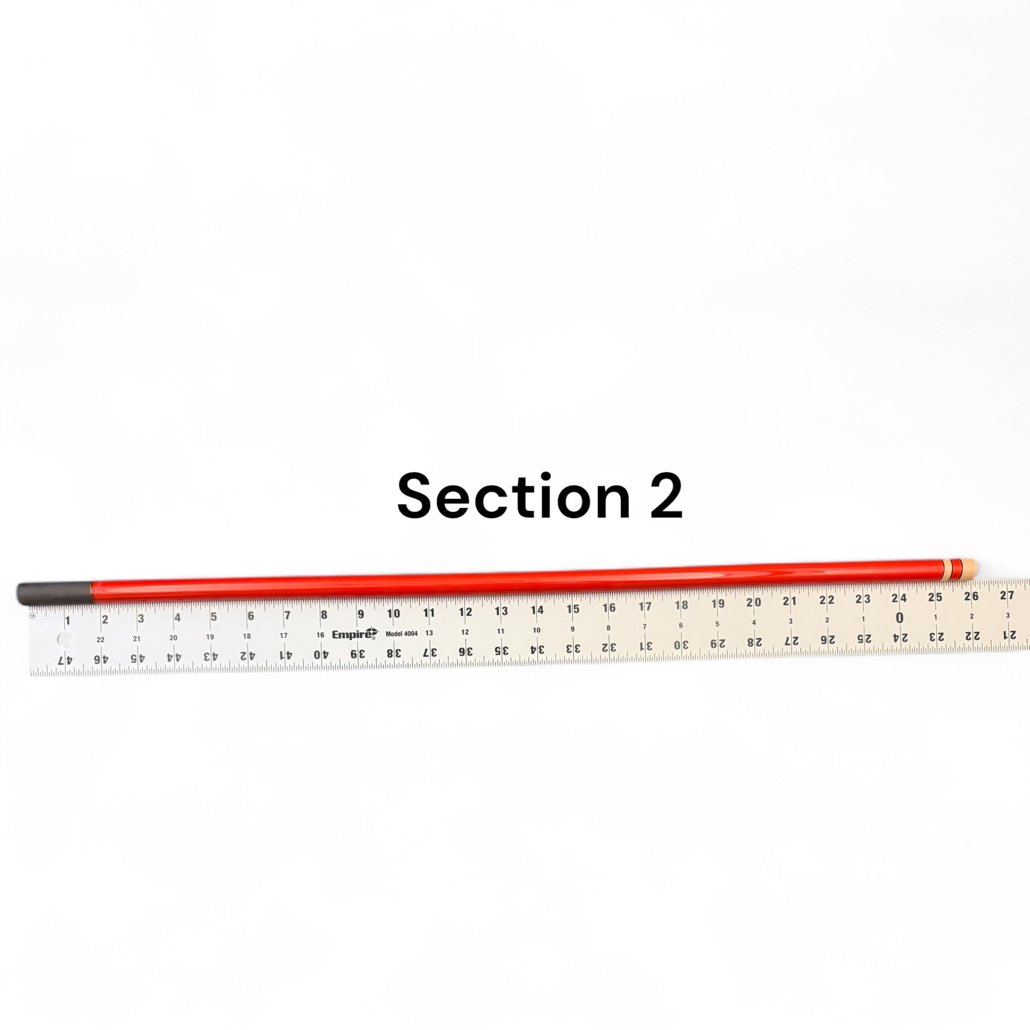 Section 2 replacement segment for Phoenix Rising Tenkara rod by Wasatch Tenkara Rods, shown with ruler for length reference. Durable red carbon fiber construction for precision and performance.