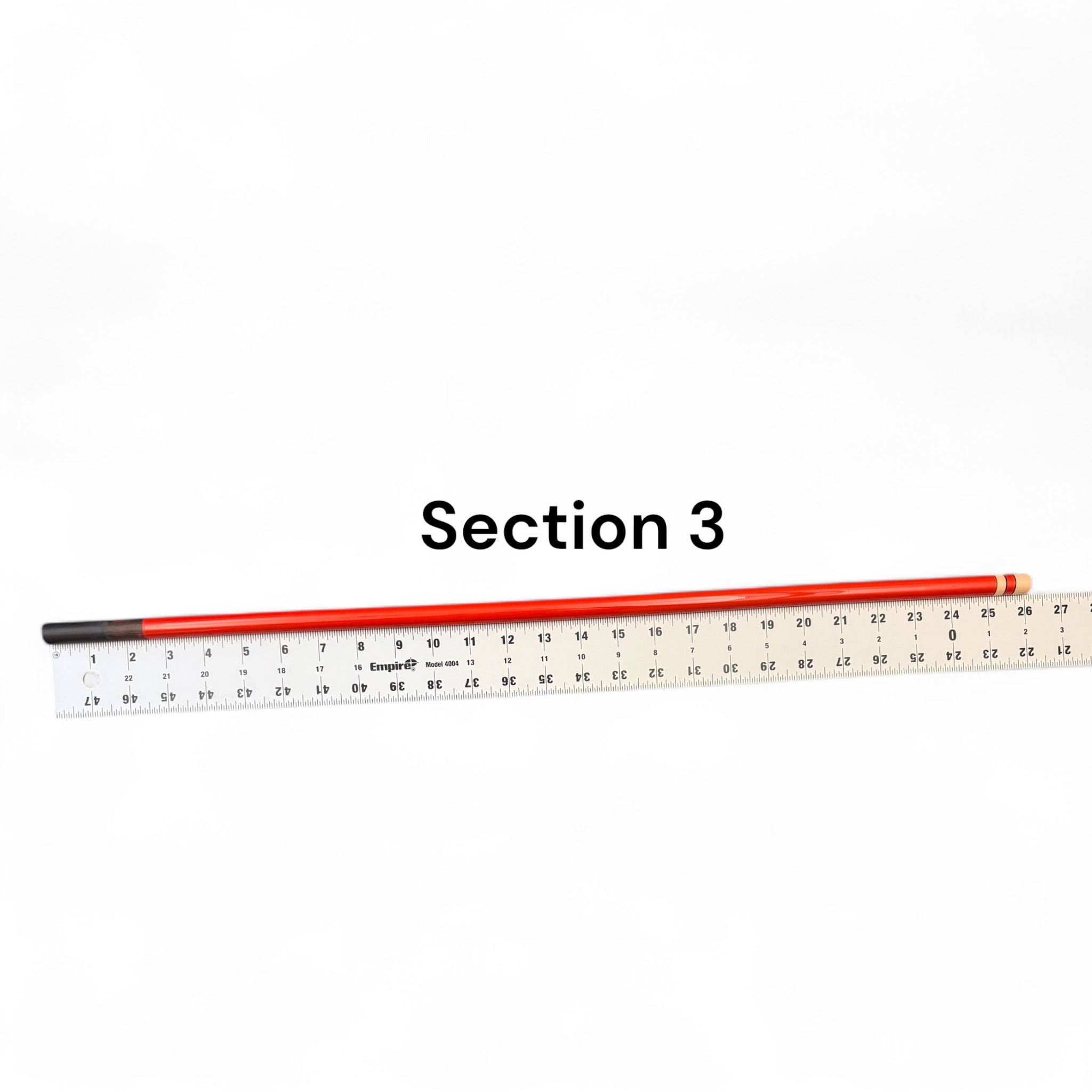 Section 3 replacement segment for Phoenix Rising Tenkara rod by Wasatch Tenkara Rods, shown with ruler for length reference. Durable red carbon fiber construction for precision and performance.