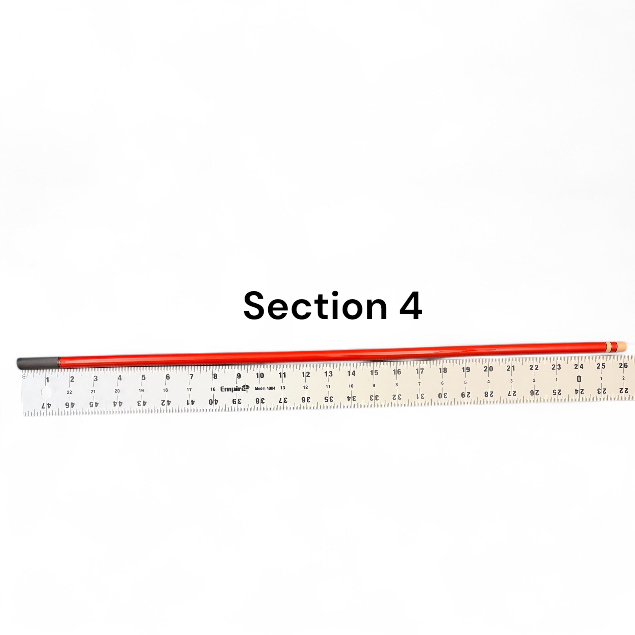 Section 4 replacement segment for Phoenix Rising Tenkara rod by Wasatch Tenkara Rods, shown with ruler for length reference. Durable red carbon fiber construction for precision and performance.