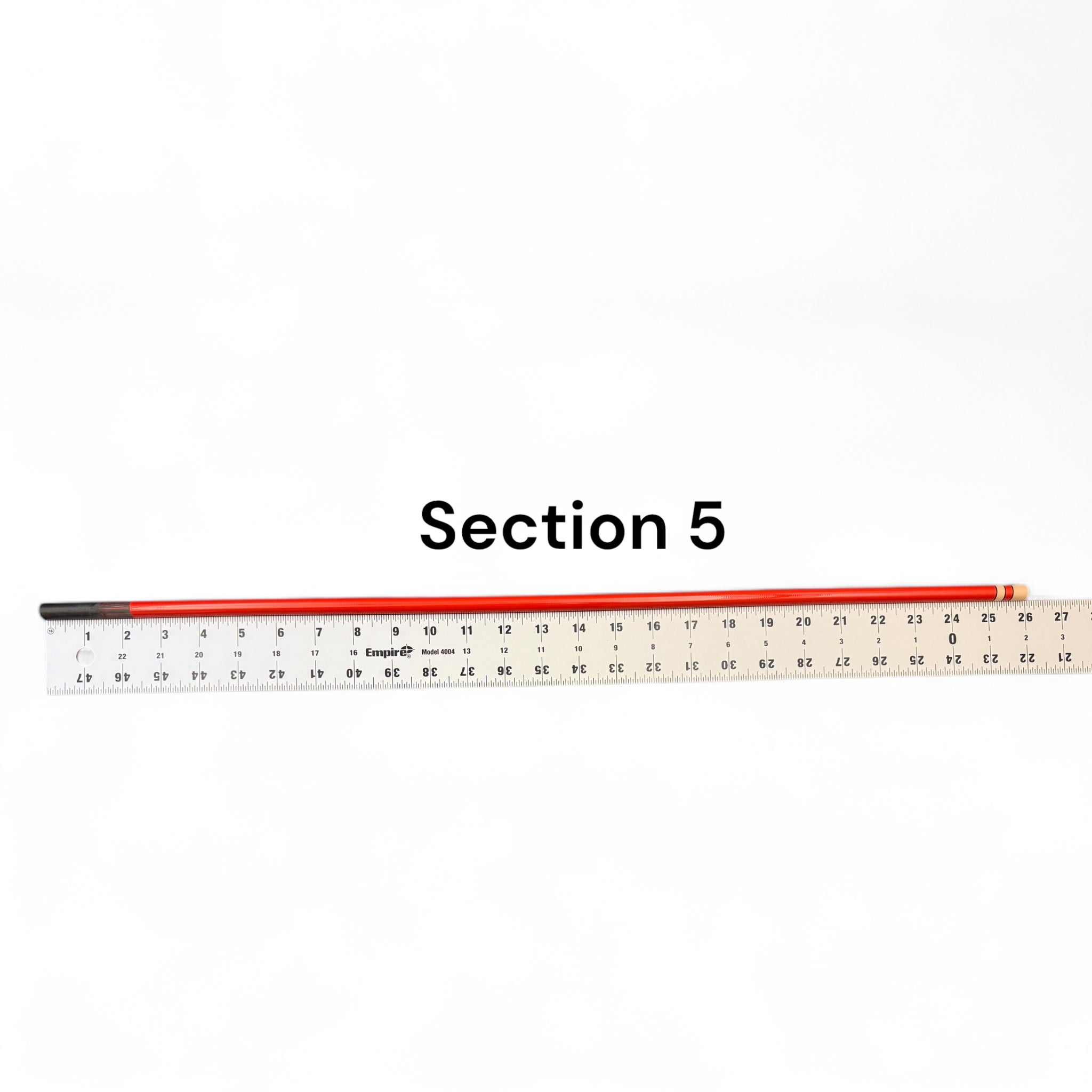 Section 5 replacement segment for Phoenix Rising Tenkara rod by Wasatch Tenkara Rods, shown with ruler for length reference. Durable red carbon fiber construction for precision and performance.