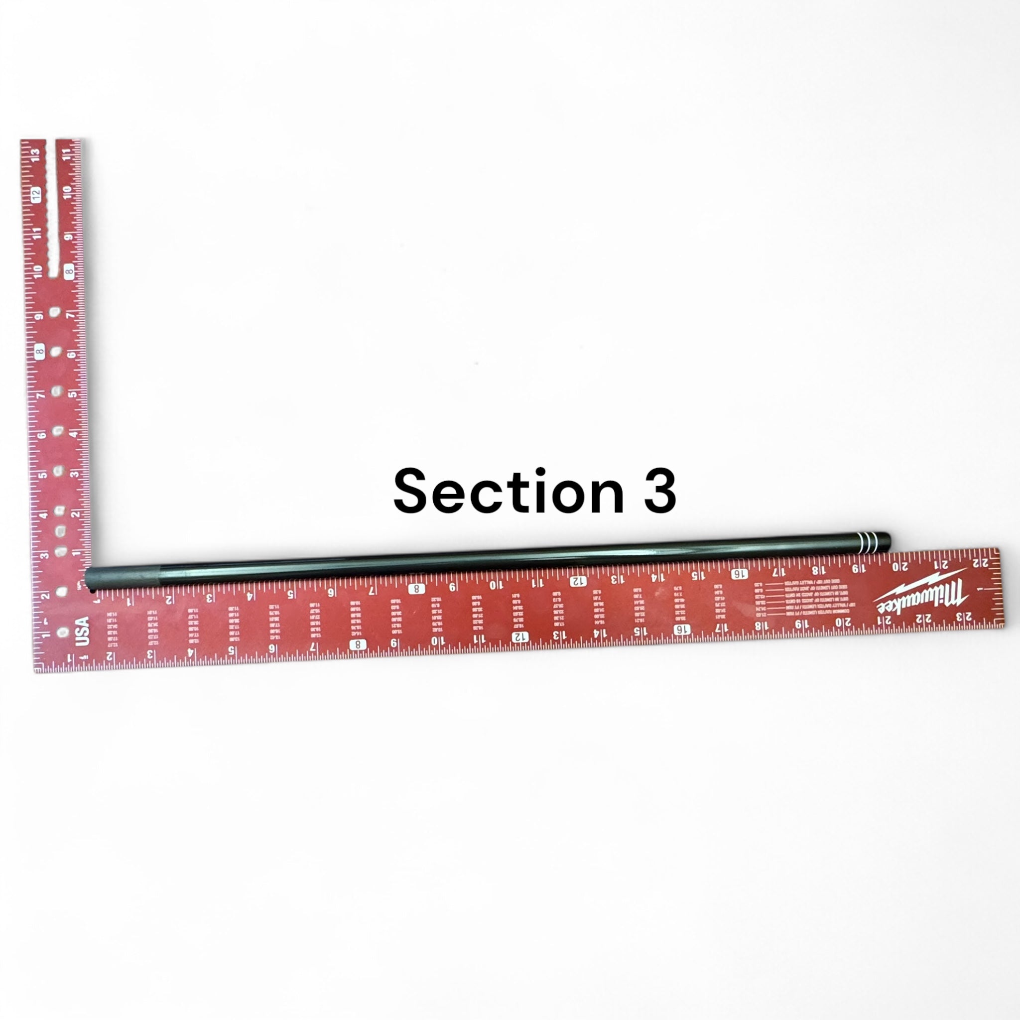 Replacement Section 3 for the Wasatch Tenkara Rods RodZilla, shown next to a red Milwaukee square ruler for scale—precision-engineered for a perfect fit and continued performance in multi-section tenkara rod setups.