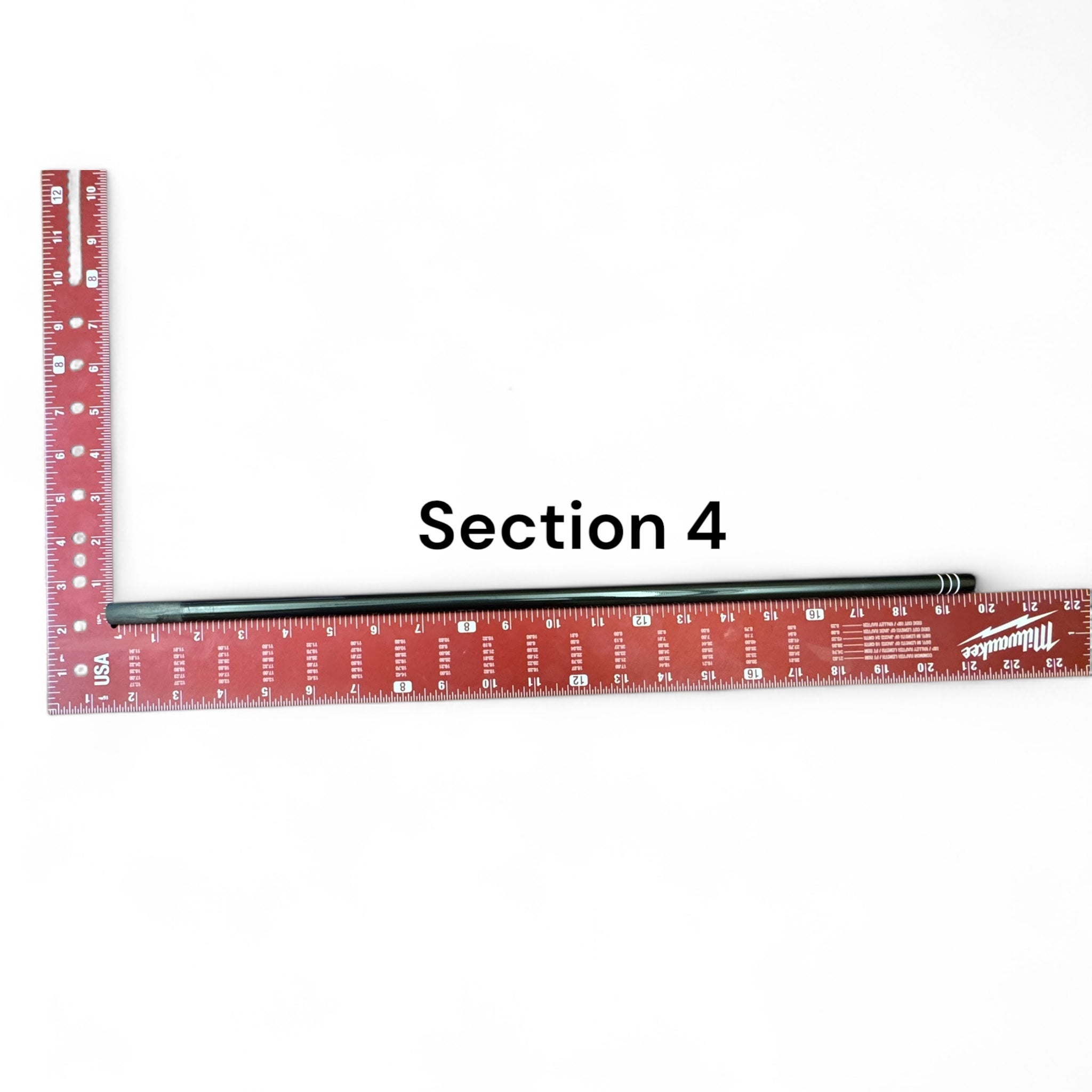 Replacement Section 4 for the Wasatch Tenkara Rods RodZilla, shown next to a red Milwaukee square ruler for scale—precision-engineered for a perfect fit and continued performance in multi-section tenkara rod setups.
