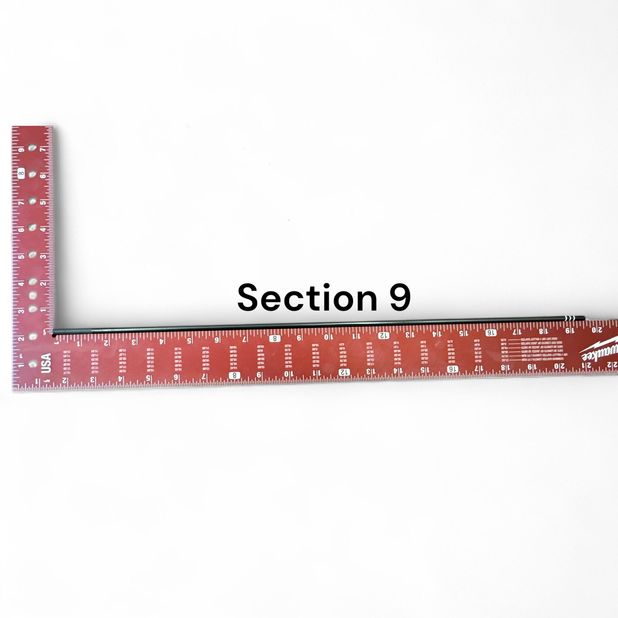 Replacement Section 9 for the Wasatch Tenkara Rods RodZilla, shown next to a red Milwaukee square ruler for scale—precision-engineered for a perfect fit and continued performance in multi-section tenkara rod setups.