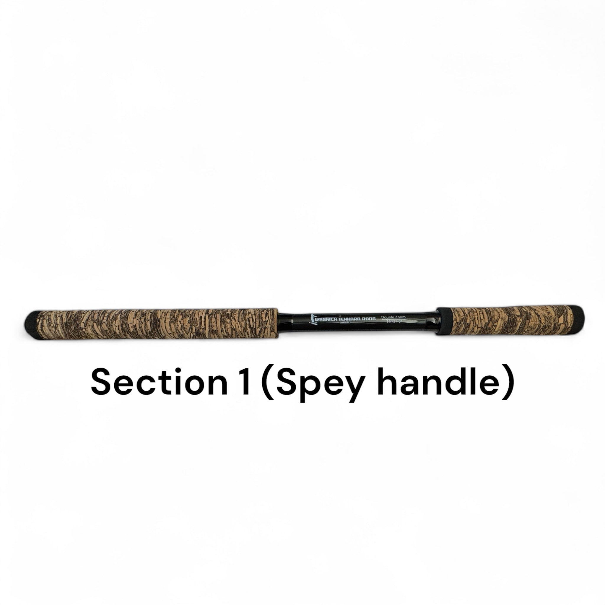 Replacement Section 1 Spey handle for the Wasatch Tenkara Rods RodZilla, featuring dual extended cork grips and a black carbon fiber body—designed for powerful two-handed casting and improved control in larger water.