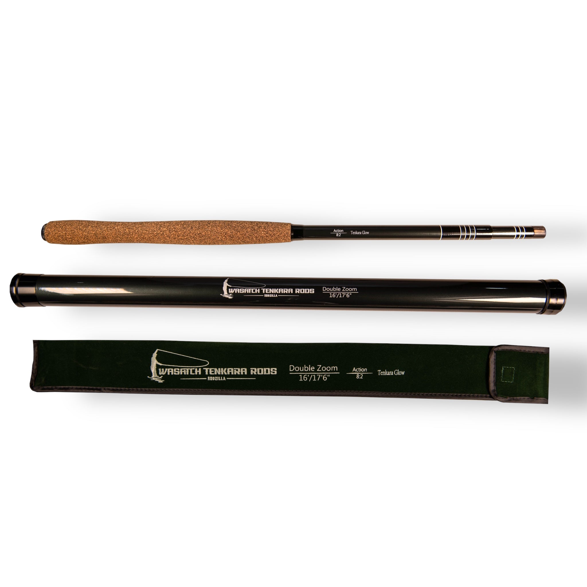 Wasatch Tenkara Rods Rodzilla fly fishing rod shown with its matching rod tube and protective sock; labeled as Double Zoom 16'/17'6" with 8:2 action and Tenkara Glow branding.