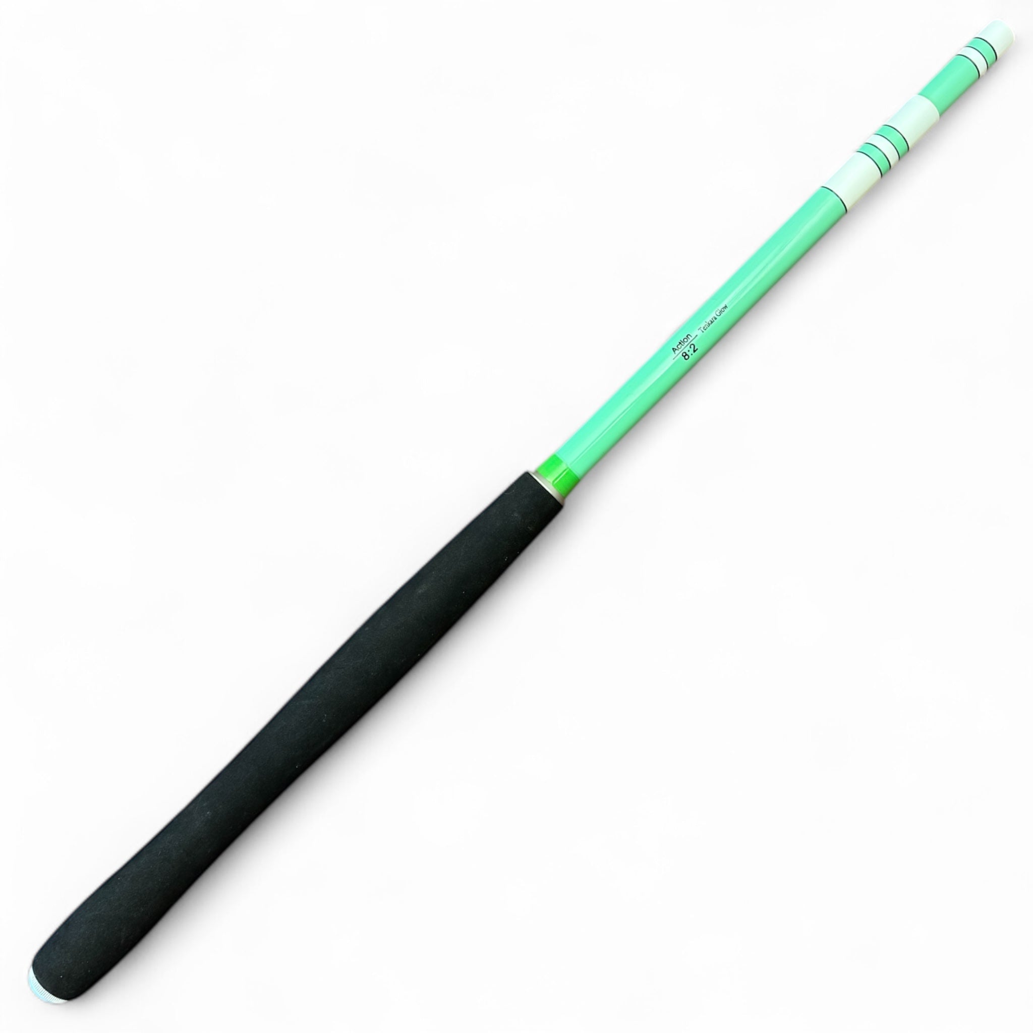 Wasatch Tenkara Rods SIYCO tenkara rod featuring a green carbon fiber body, white accent wraps, and a long black EVA foam handle—designed for precision and strength in fixed-line fly fishing.