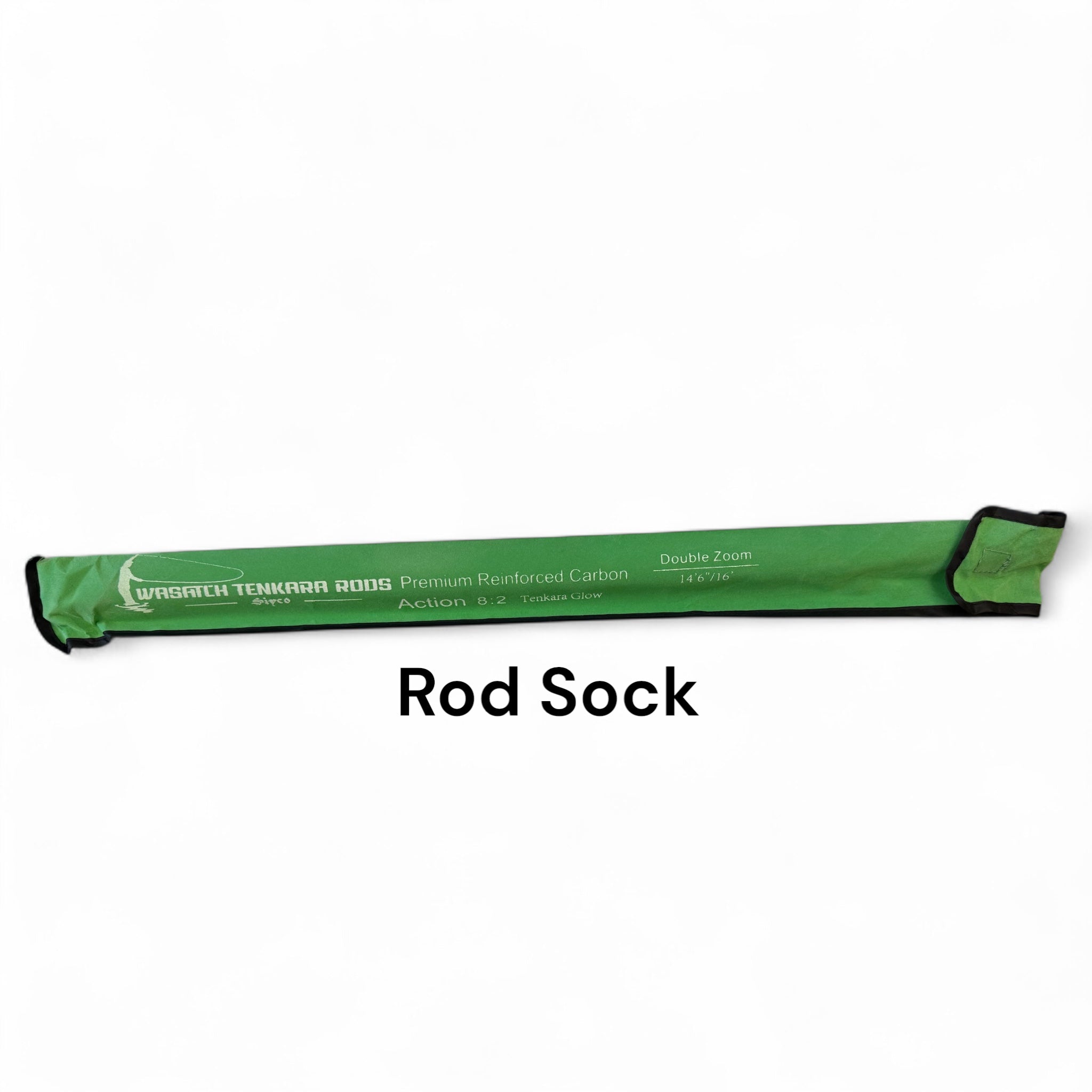 Green Wasatch Tenkara Rods Siyco rod sock with printed rod specs including adjustable lengths and 8:2 action, designed for protective storage and easy transport of ultralight Tenkara rods.