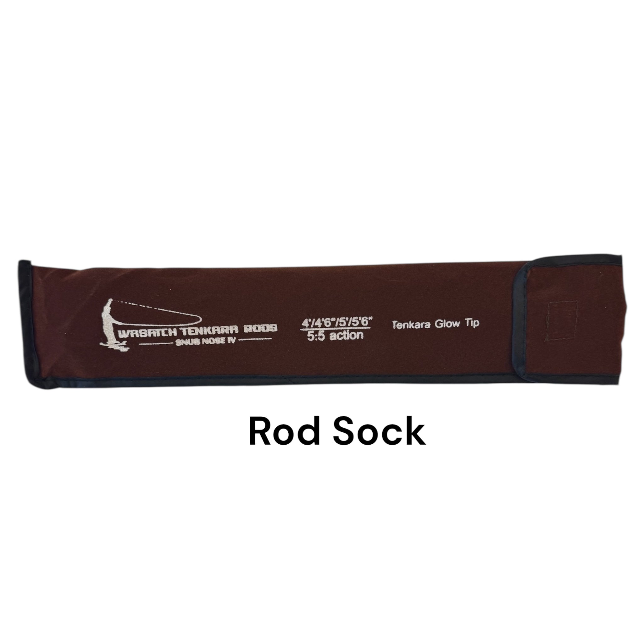 Brown Wasatch Tenkara Rods Snub Nose IV rod sock with printed rod specs including adjustable lengths and 5:5 action, designed for protective storage and easy transport of ultralight Tenkara rods.