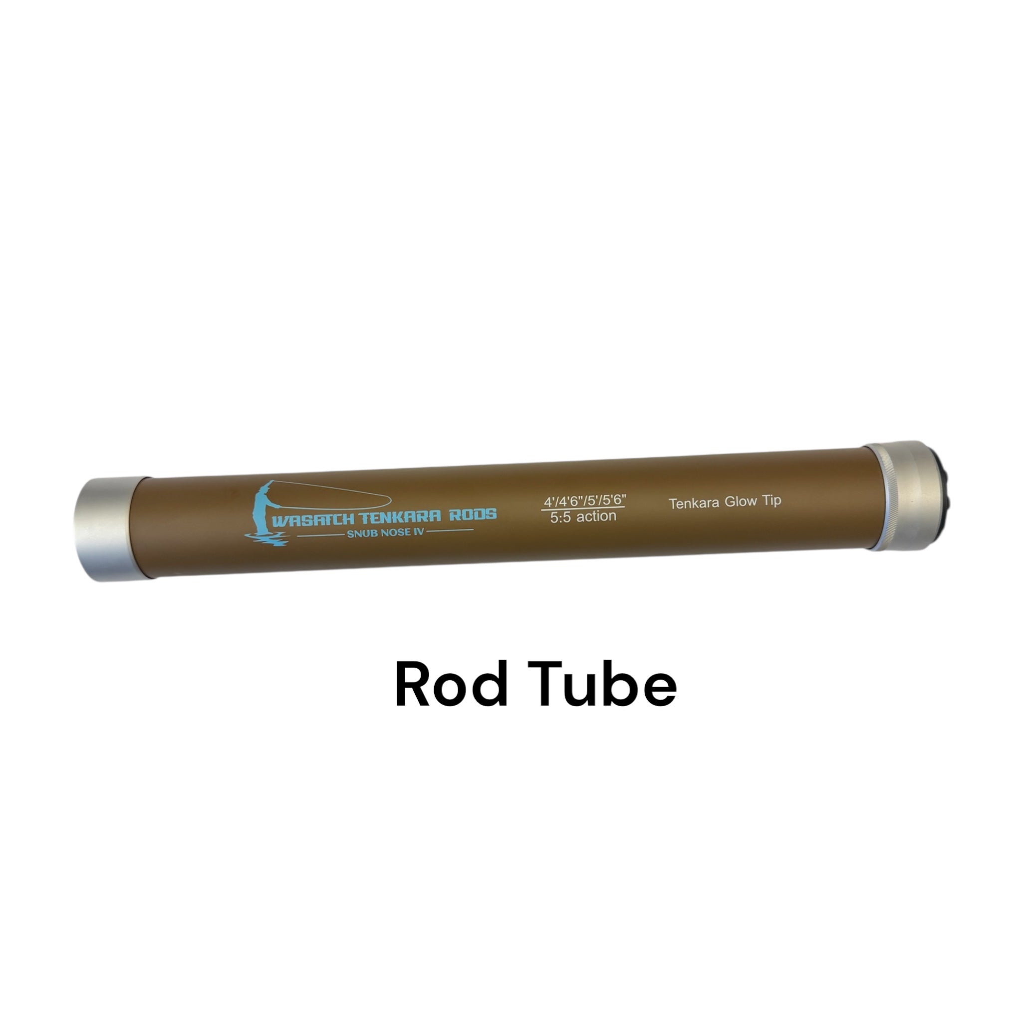 Durable brown rod tube for the Wasatch Tenkara Rods Snub Nose IV, featuring printed rod specifications, Tenkara Glow Tip label, and secure end caps—ideal for protecting your adjustable ultralight rod during transport and storage.
