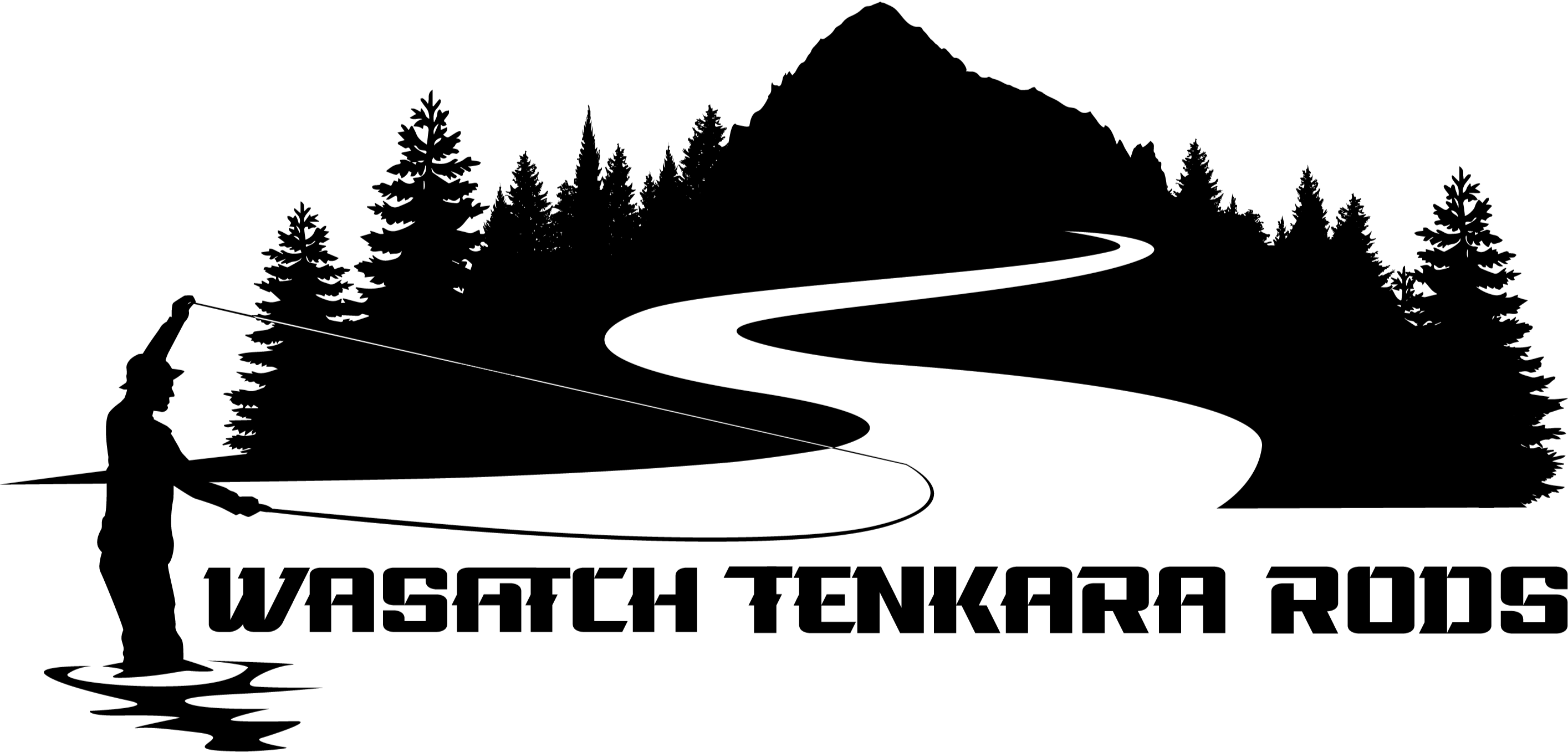 Logo for Tenkara Rods Store and Website featuring a simple line drawing of a mountain range with a stream running through it. On the left side is a person doing a bow and arrow cast with a Tenkara rod. Underneath his rod and the mountain range is the companies name.
This is done with clean, minimalist design.