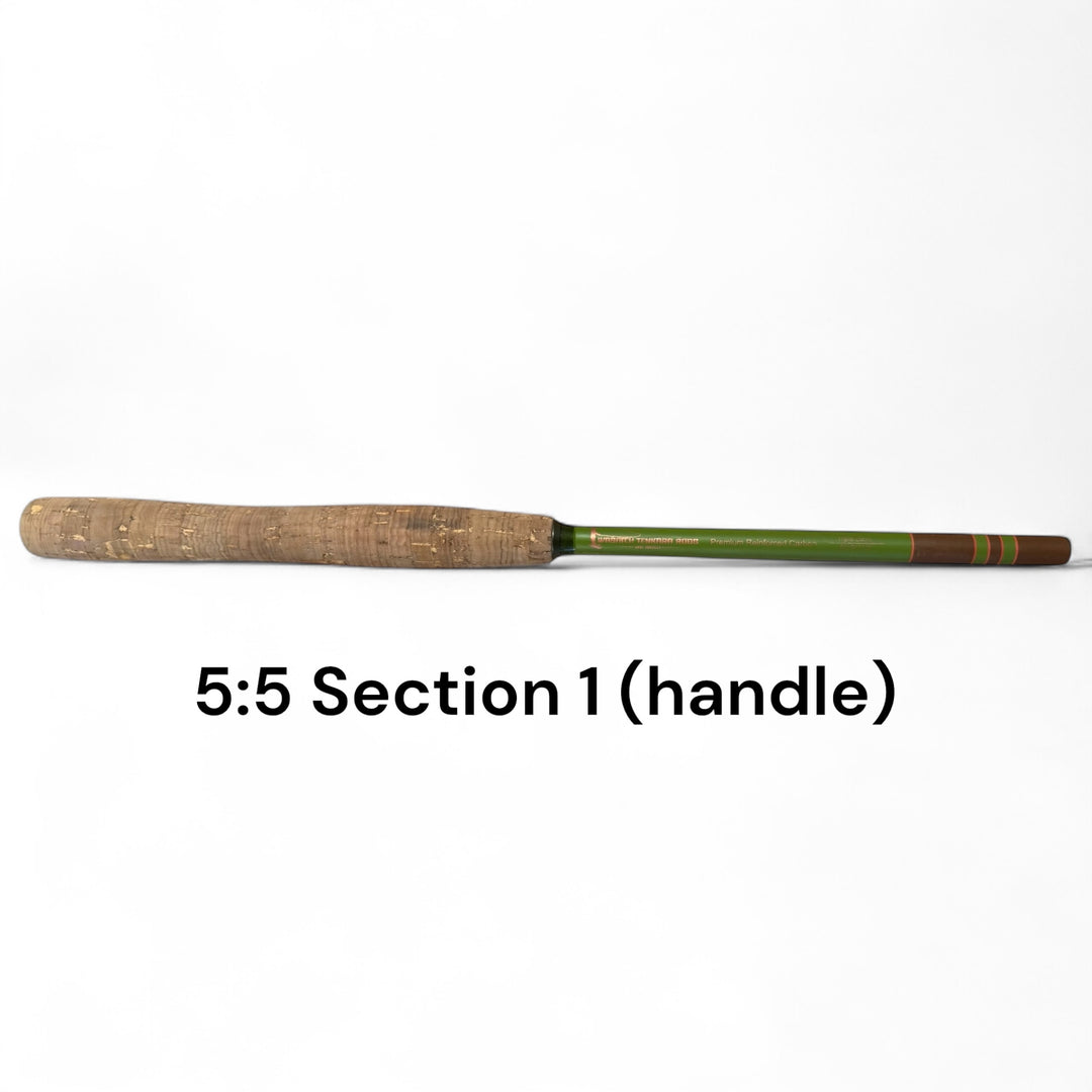 Close-up of Section 1 handle for the Wasatch Tenkara Rods Baby RodZilla, featuring a 5:5 action cork grip and green carbon fiber rod blank—replacement part for ultralight tenkara fishing rod.