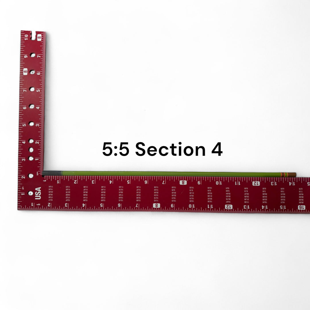 Wasatch Tenkara Rods Baby RodZilla 5:5 Section 4 replacement part shown against a measuring square for scale—green carbon fiber rod segment for ultralight tenkara fly fishing rod repair.