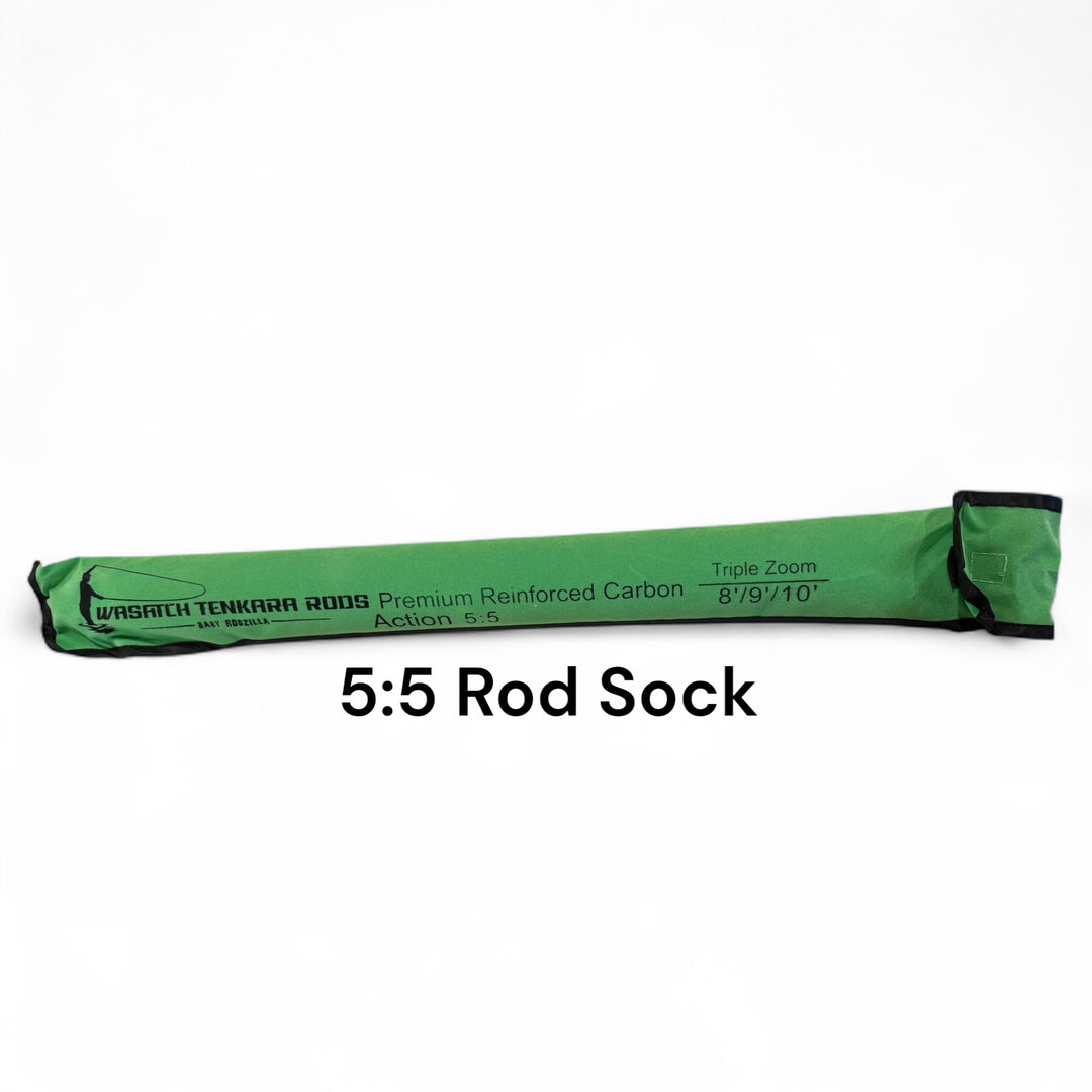Wasatch Tenkara Rods Baby RodZilla 5:5 rod sock in green fabric, labeled for 8' / 9' / 10' triple zoom rod—protective sleeve for ultralight tenkara fly fishing rod storage and transport.